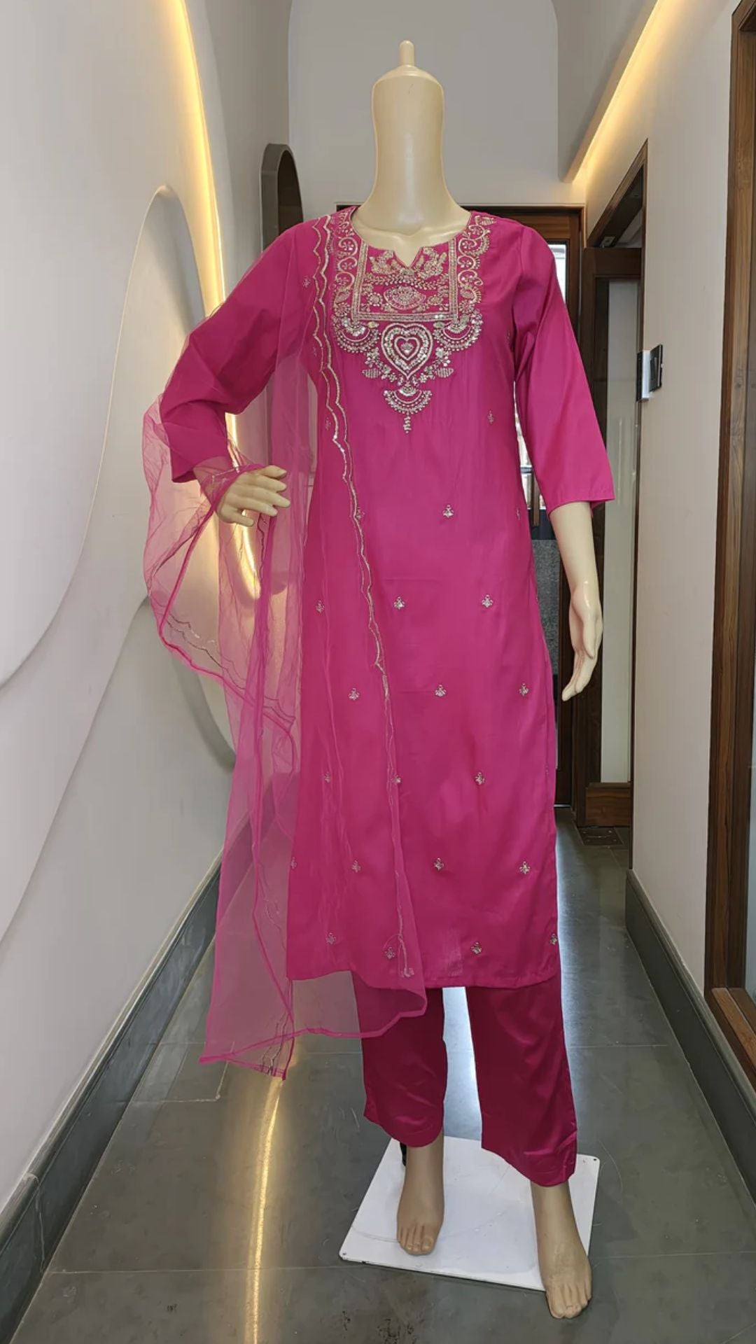 Magenta Mirror Work Suit Set with Net Dupatta (3-Piece Festive Edit)