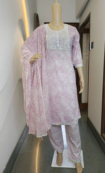 Soft Rose Printed Cotton Suit Set with Lace Detailing (3-Piece)