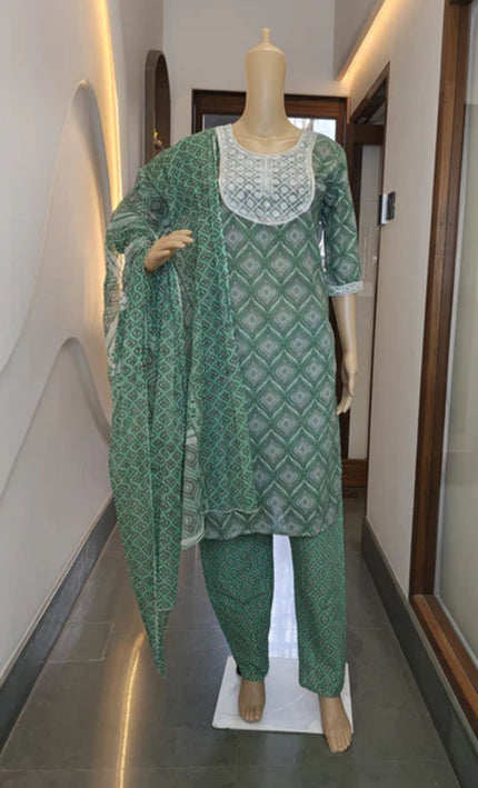 Bottle Green Floral Printed Cotton Punjabi Suit with Lace Neckline