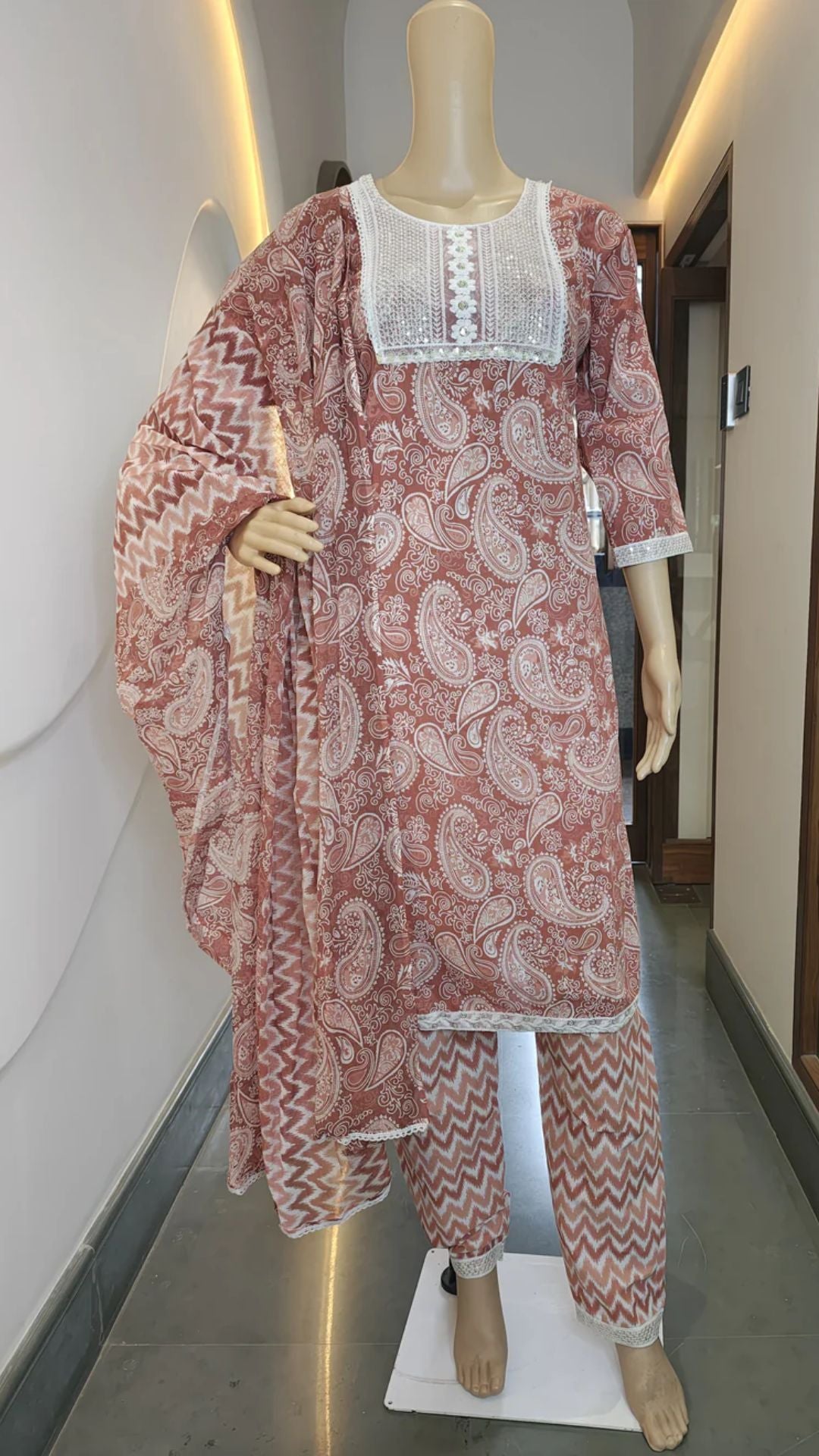 Rust Red Printed Cotton Punjabi Suit Set with Lace Detailing