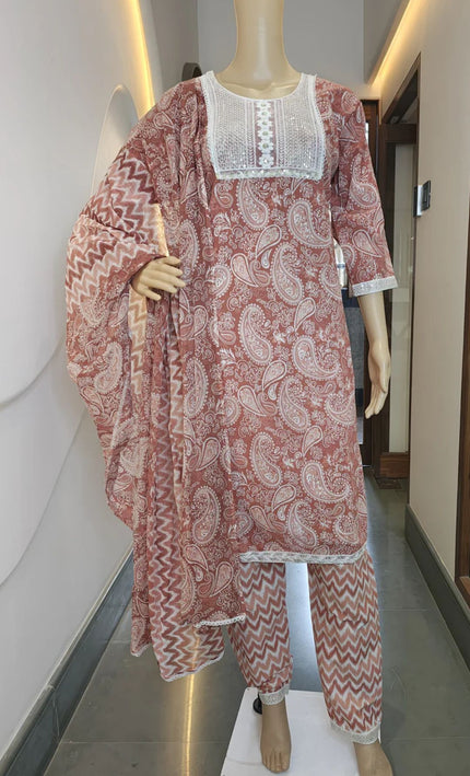 Rust Red Printed Cotton Punjabi Suit Set with Lace Detailing