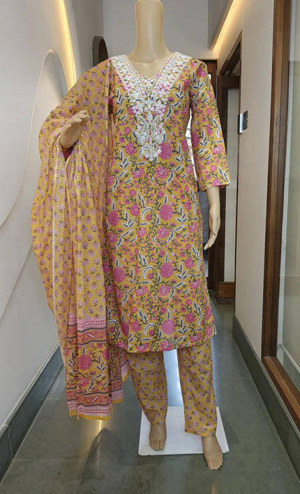 Floral Printed Mustard Punjabi Suit Set with White Thread Embroidery