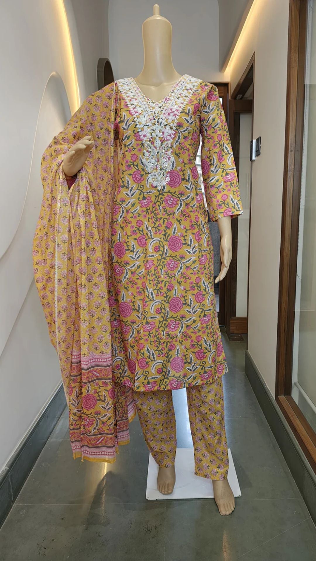 Floral Printed Mustard Punjabi Suit Set with White Thread