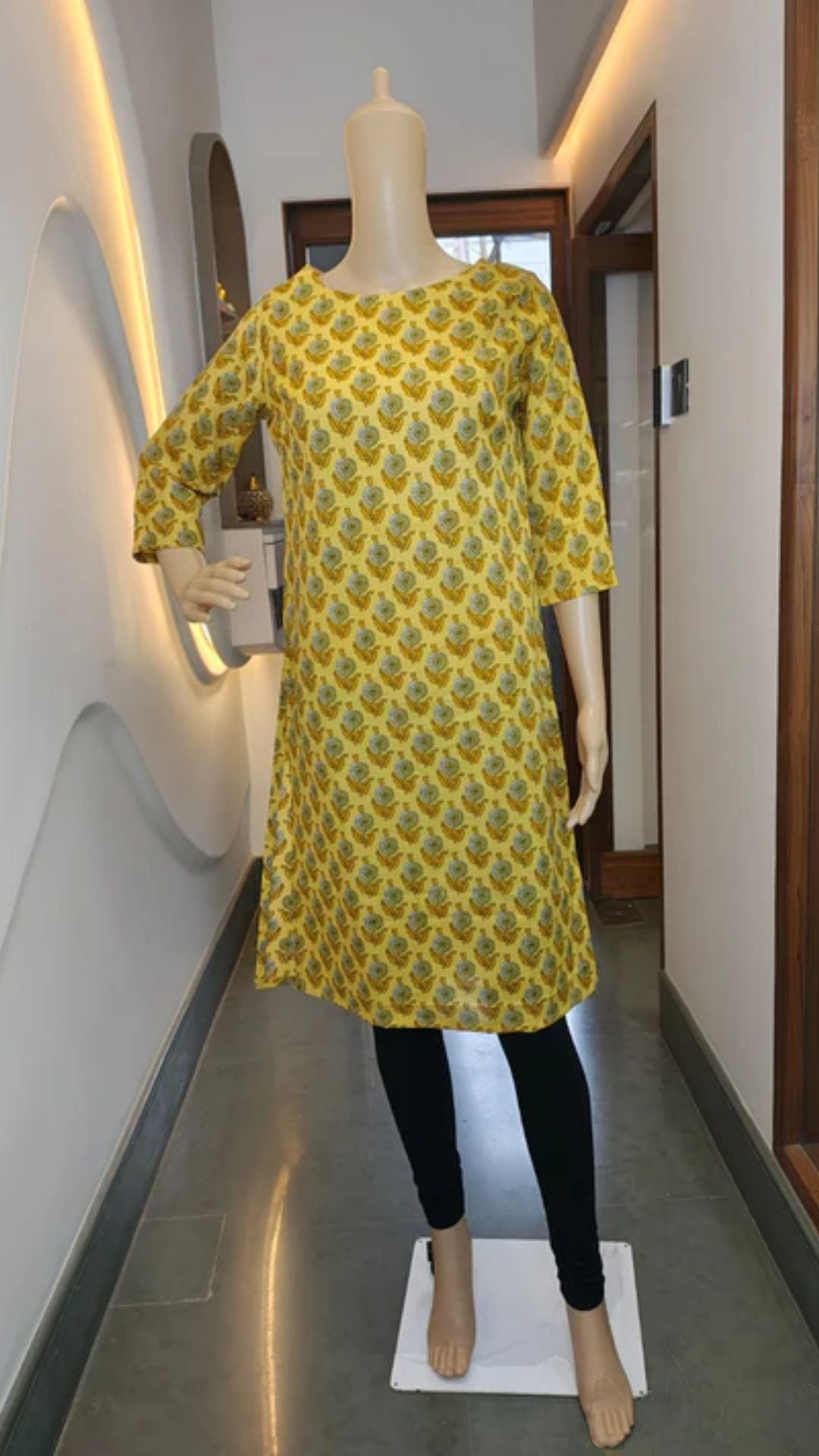 Golden Petals Printed Cotton Kurti – Soft Grace with a Burst of Yellow