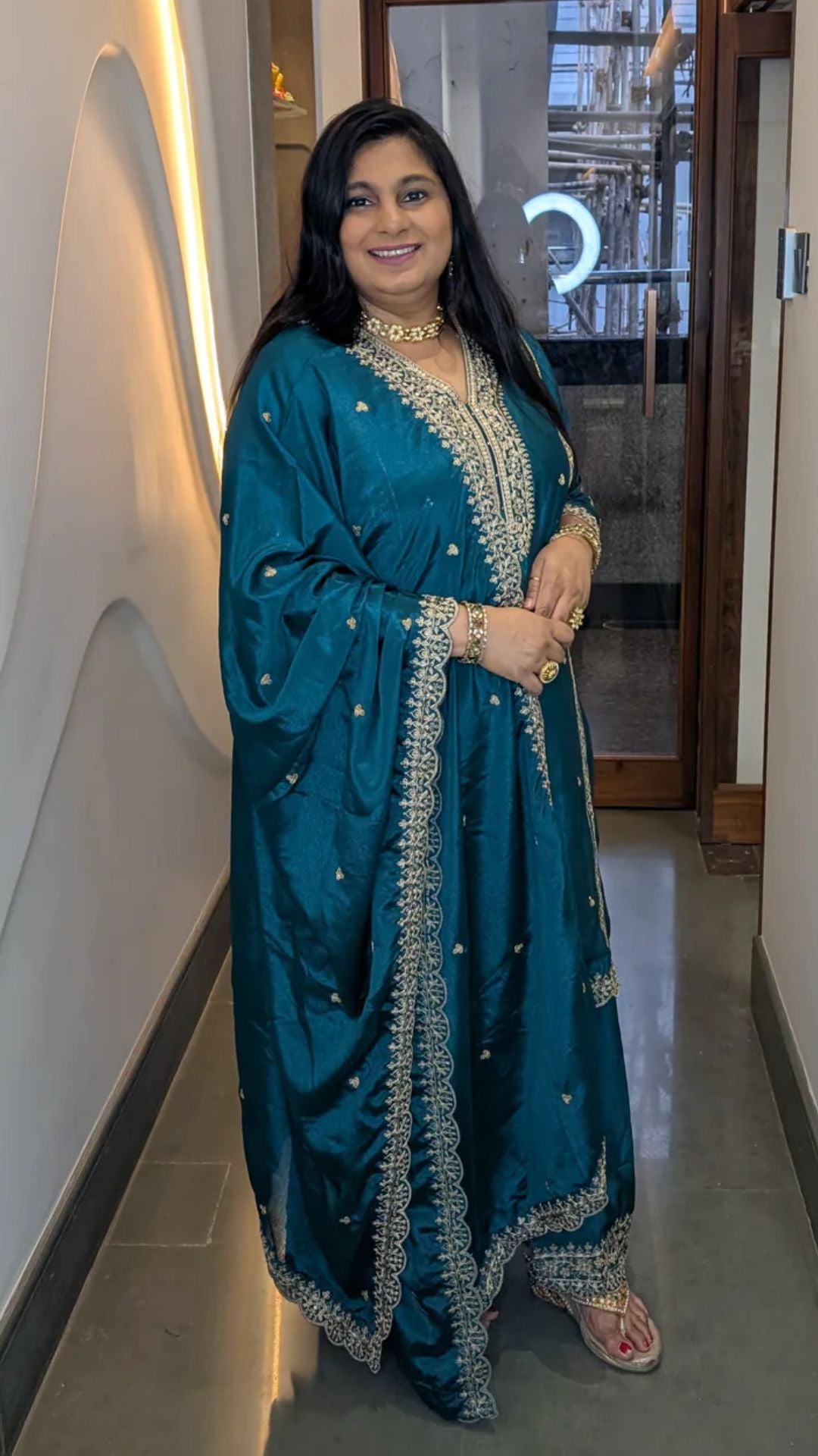 Teal Blue Embroidered Sharara Punjabi Suit Set