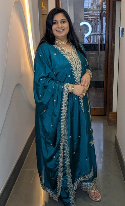 Teal Blue Embroidered Sharara Punjabi Suit Set