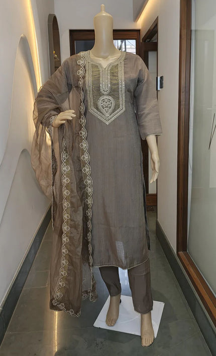 Mocha Brown Hand-Embroidered Punjabi Suit Set with Dupatta