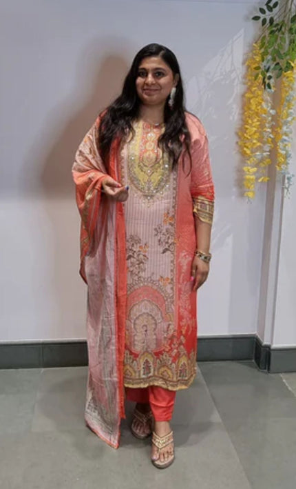 Peach & Coral Printed Punjabi Suit with Subtle Embroidery