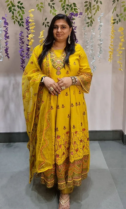 Radiant Yellow Hand-Embroidered Anarkali Punjabi Suit Set