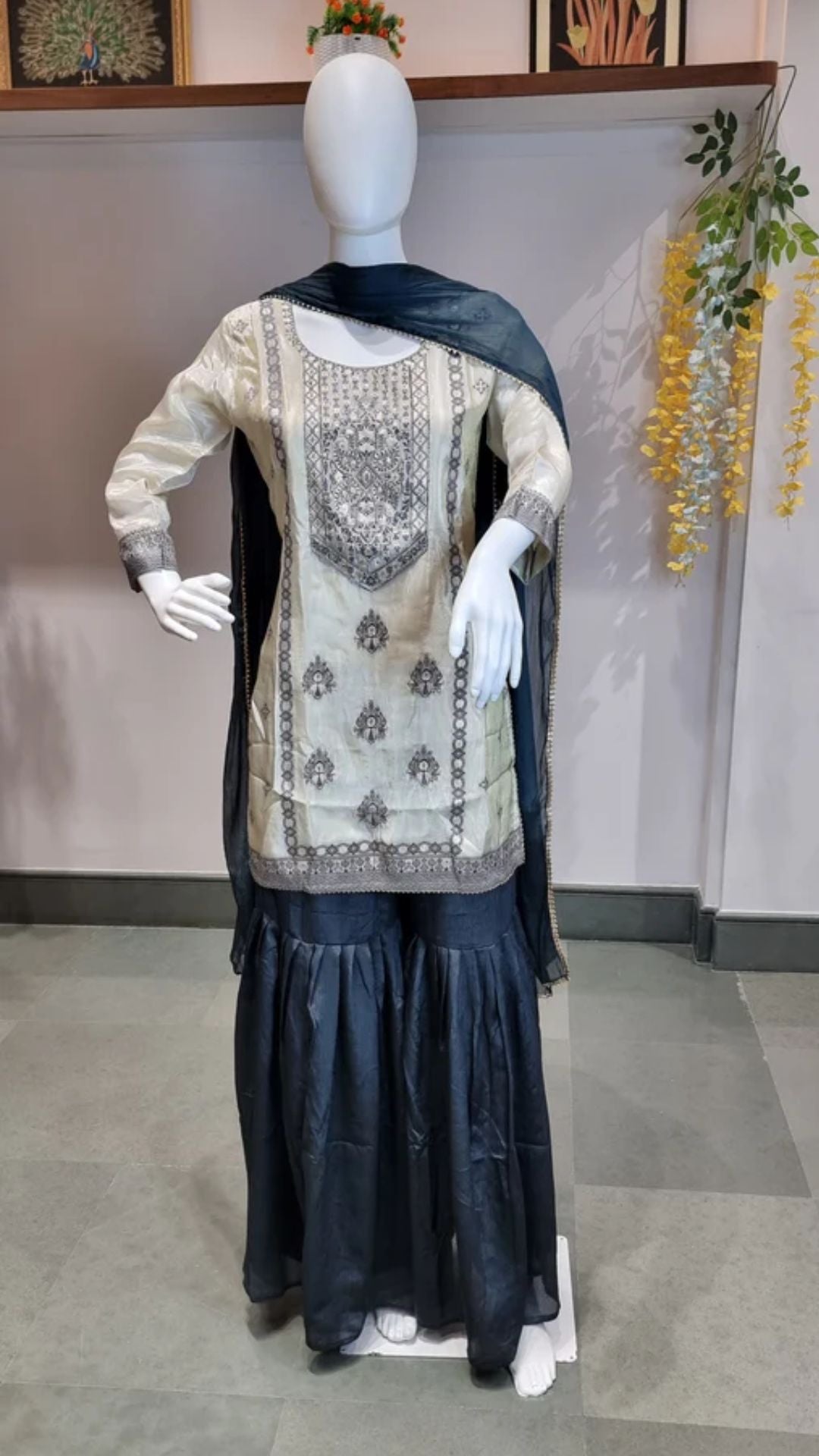 Ivory & Navy Blue Embroidered Sharara Punjabi Suit Set