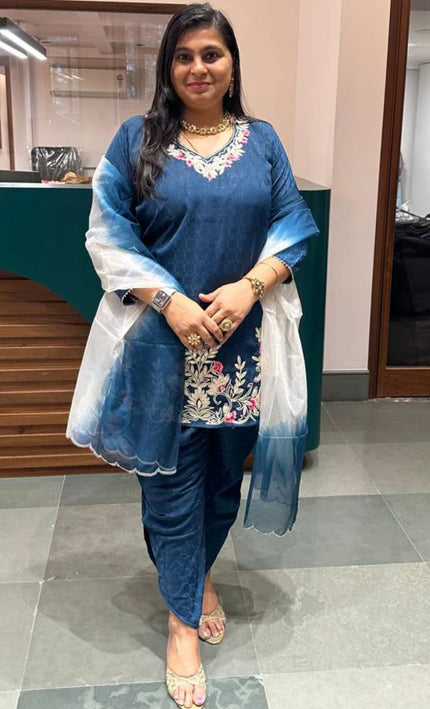 Navy Blue Embroidered Punjabi Suit with Dupatta