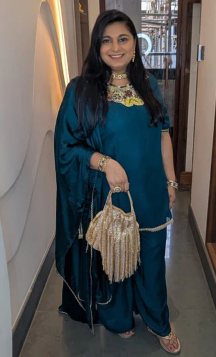 Teal Blue Heavy Embroidered Sharara Set with Dupatta