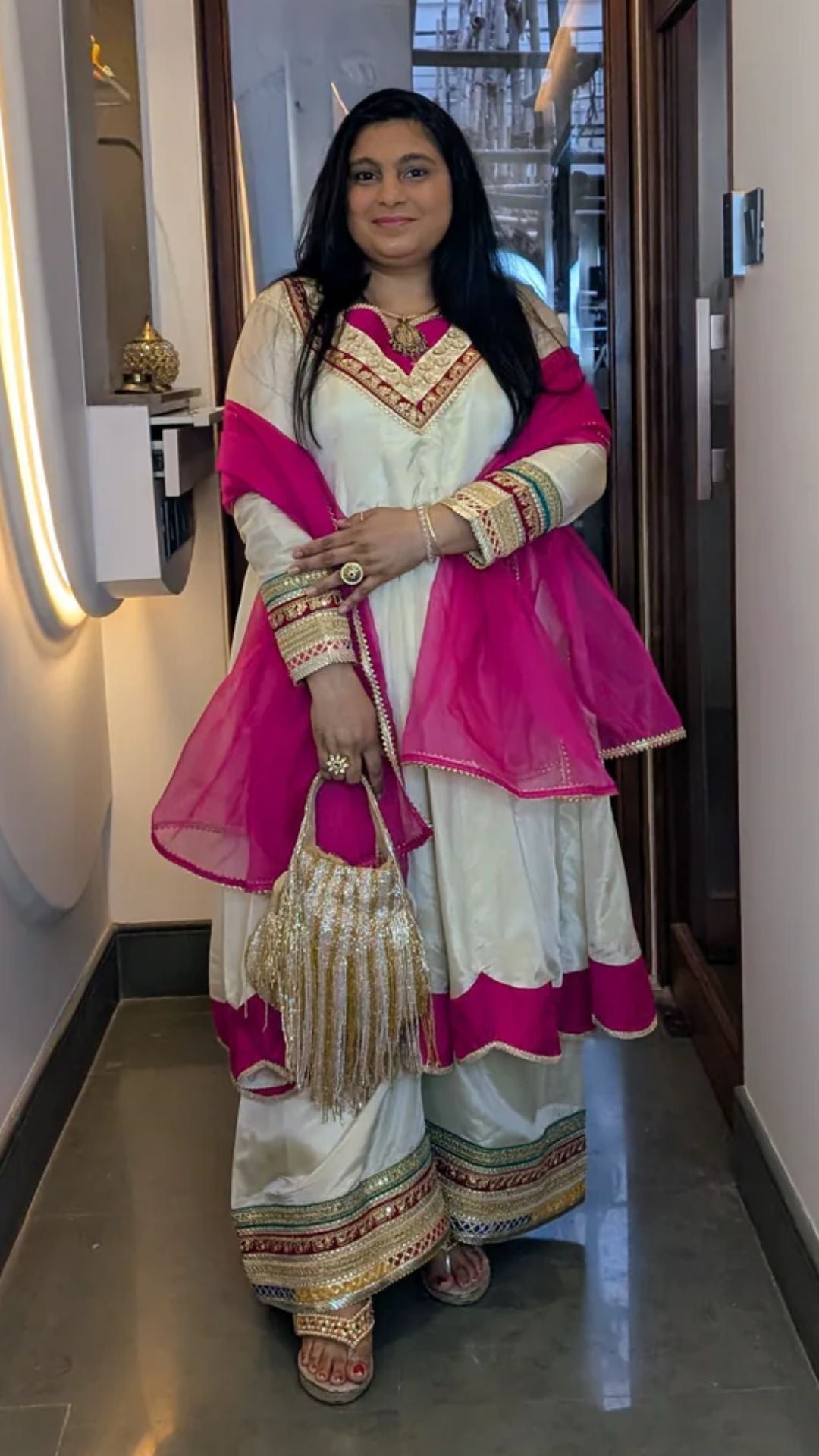 Ivory & Fuchsia Pink Gotta Patti Sharara Set
