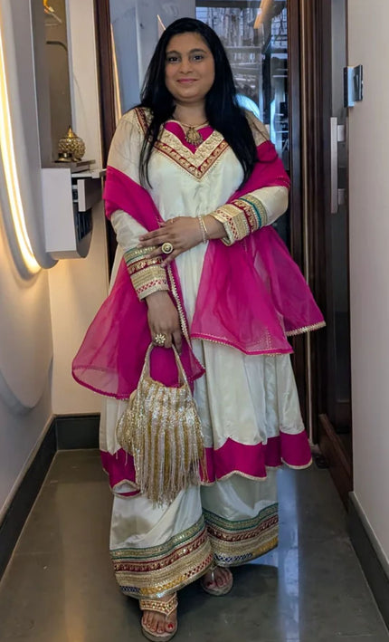 Ivory & Fuchsia Pink Gotta Patti Sharara Set