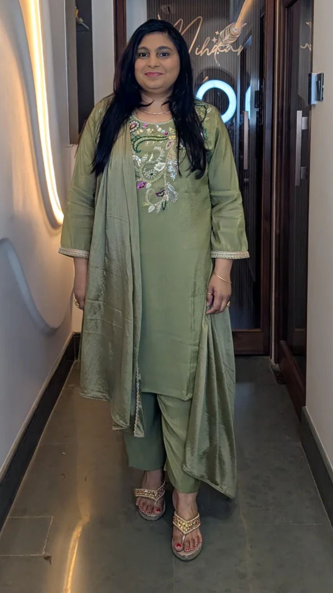 Olive Green Hand-Embroidered Festive Kurta Set