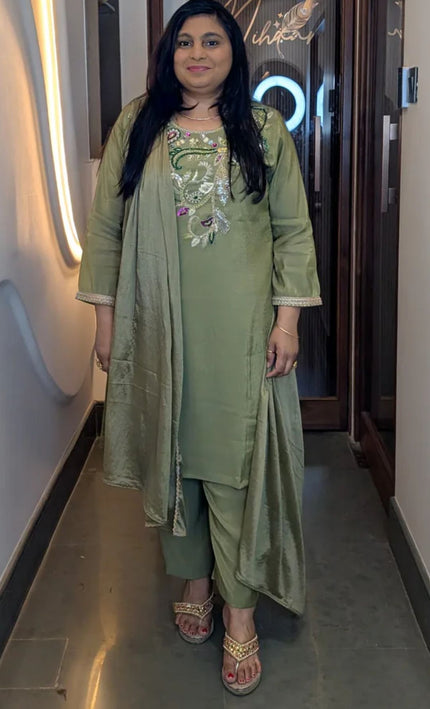 Olive Green Hand-Embroidered Festive Kurta Set