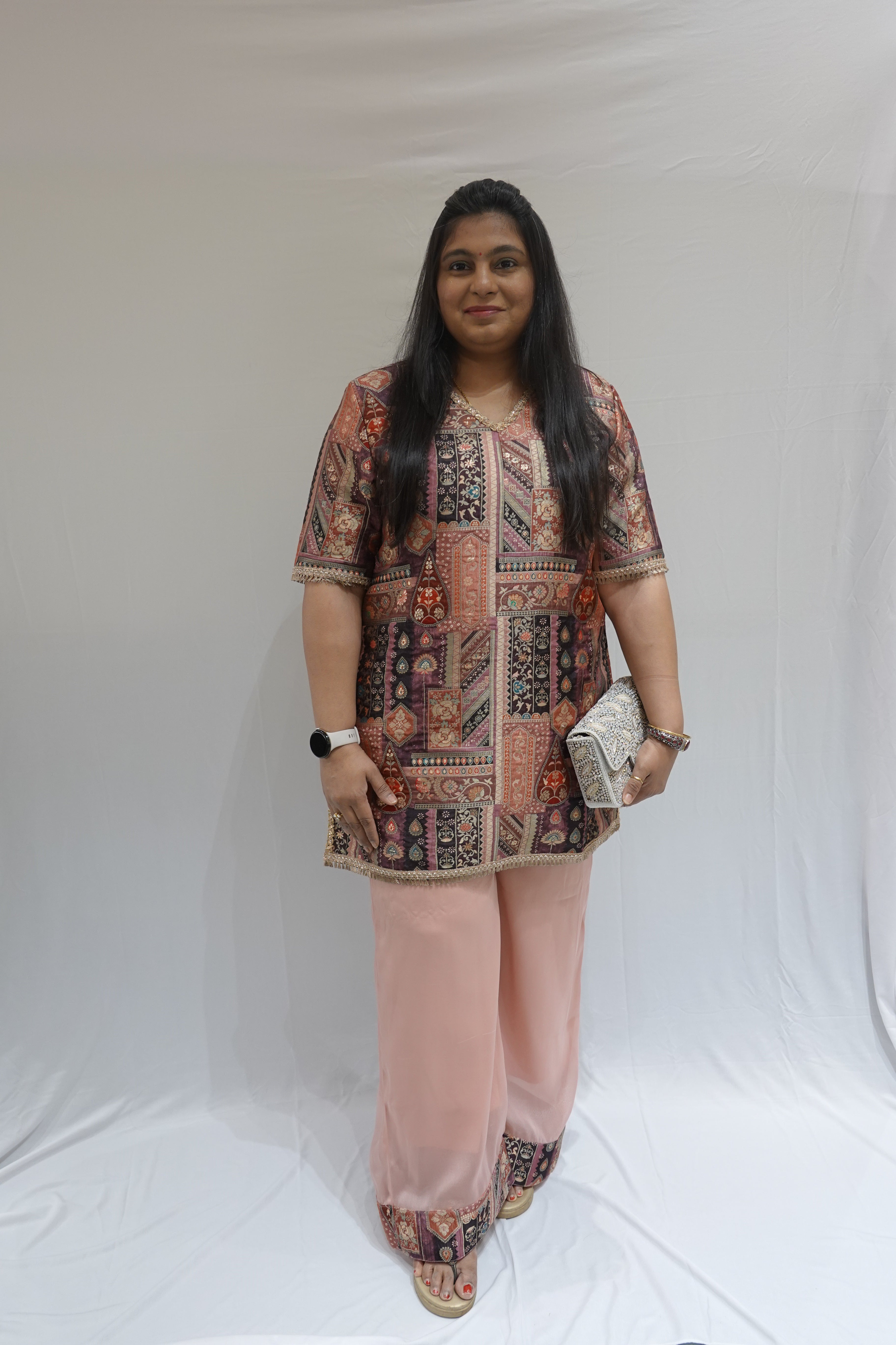 Boho Chic Printed Cord Set in Peach & Multi-Color