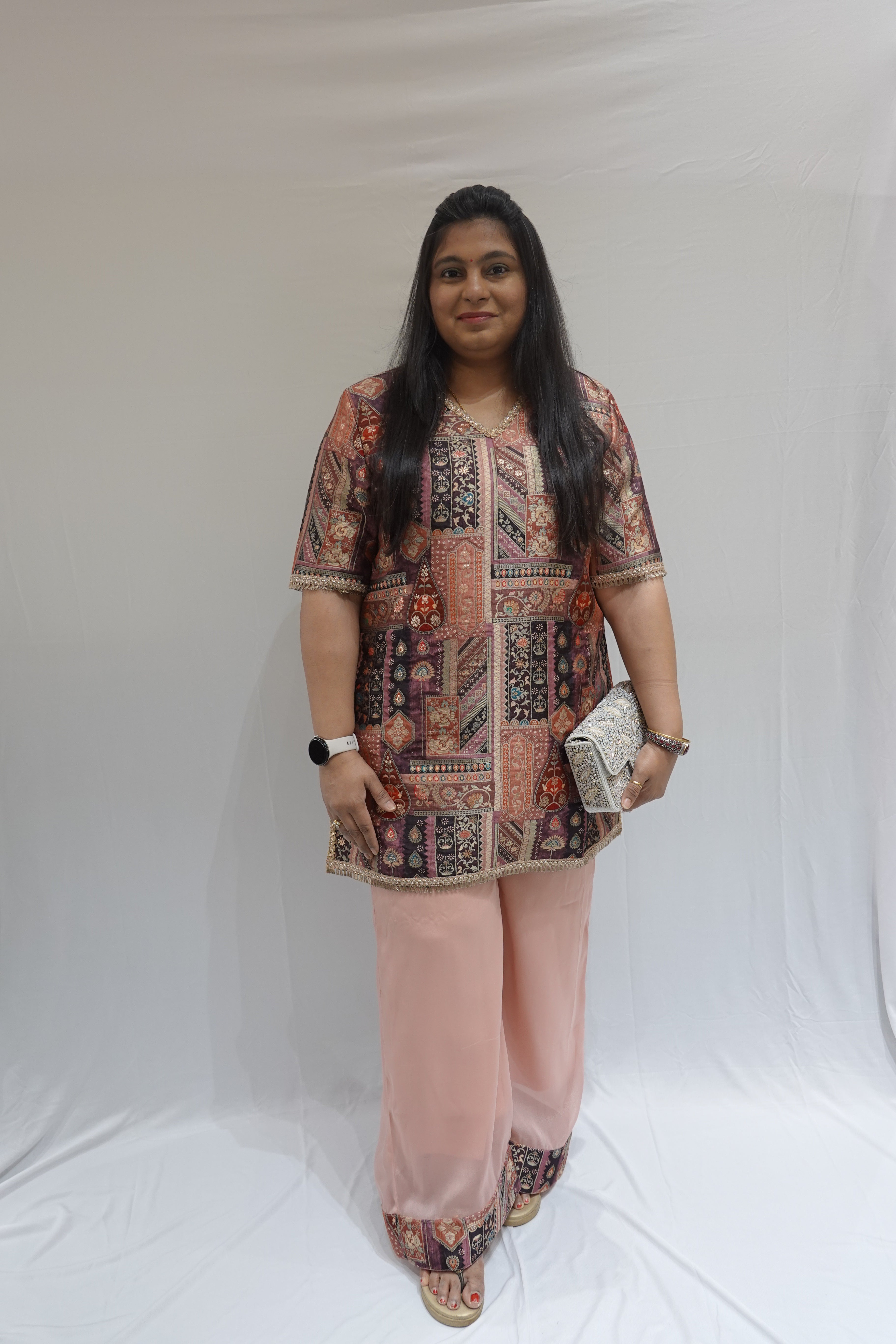 Boho Chic Printed Cord Set in Peach & Multi-Color