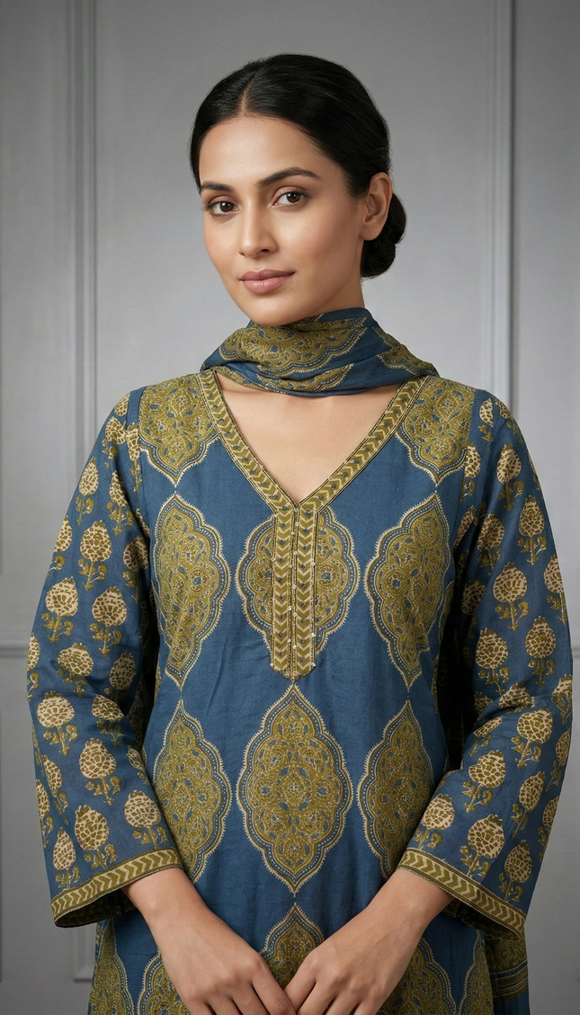 The Azure Olive Block Print Suit