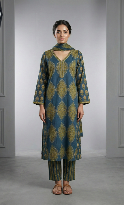 The Azure Olive Block Print Suit