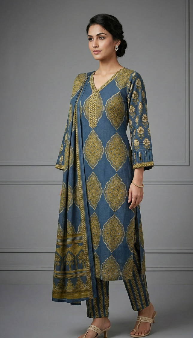 The Azure Olive Block Print Suit
