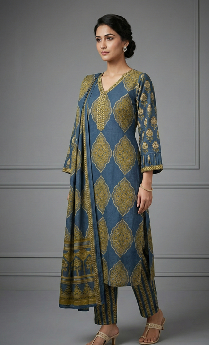 The Azure Olive Block Print Suit