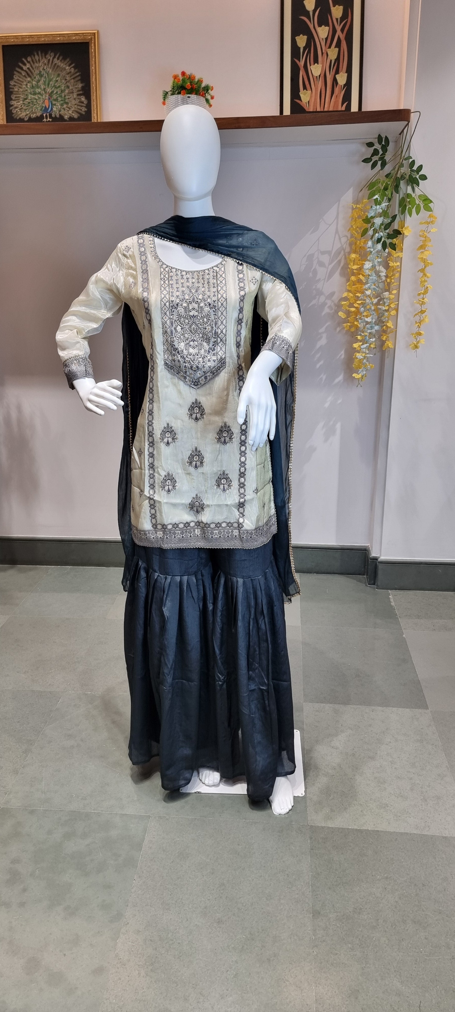 Ivory & Navy Blue Embroidered Sharara Punjabi Suit Set