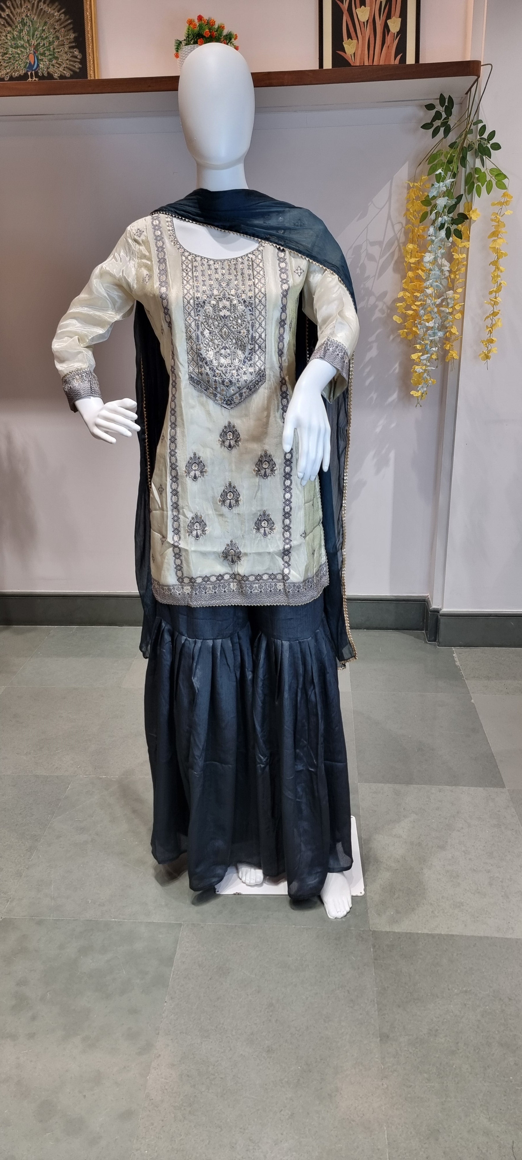 Ivory & Navy Blue Embroidered Sharara Punjabi Suit Set