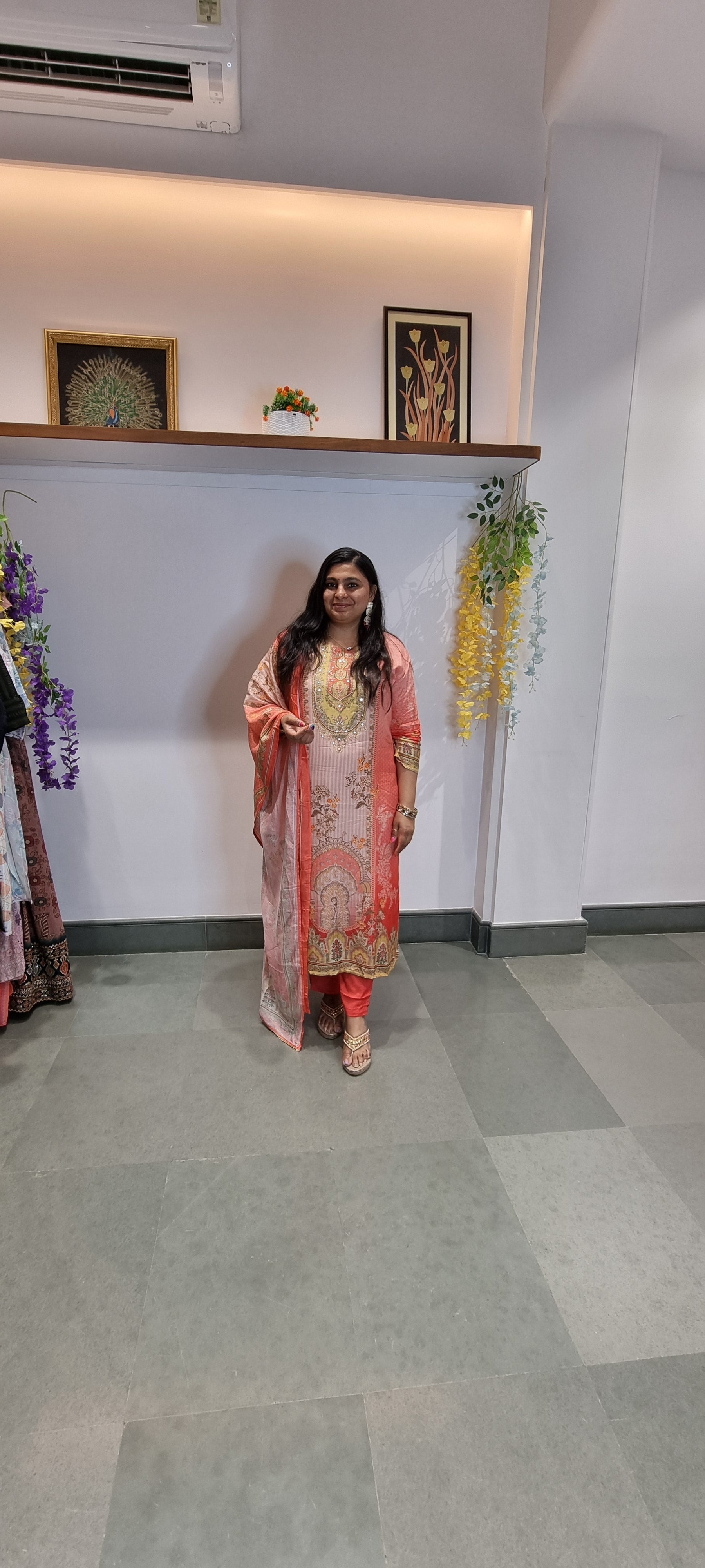 Peach & Coral Printed Punjabi Suit with Subtle Embroidery