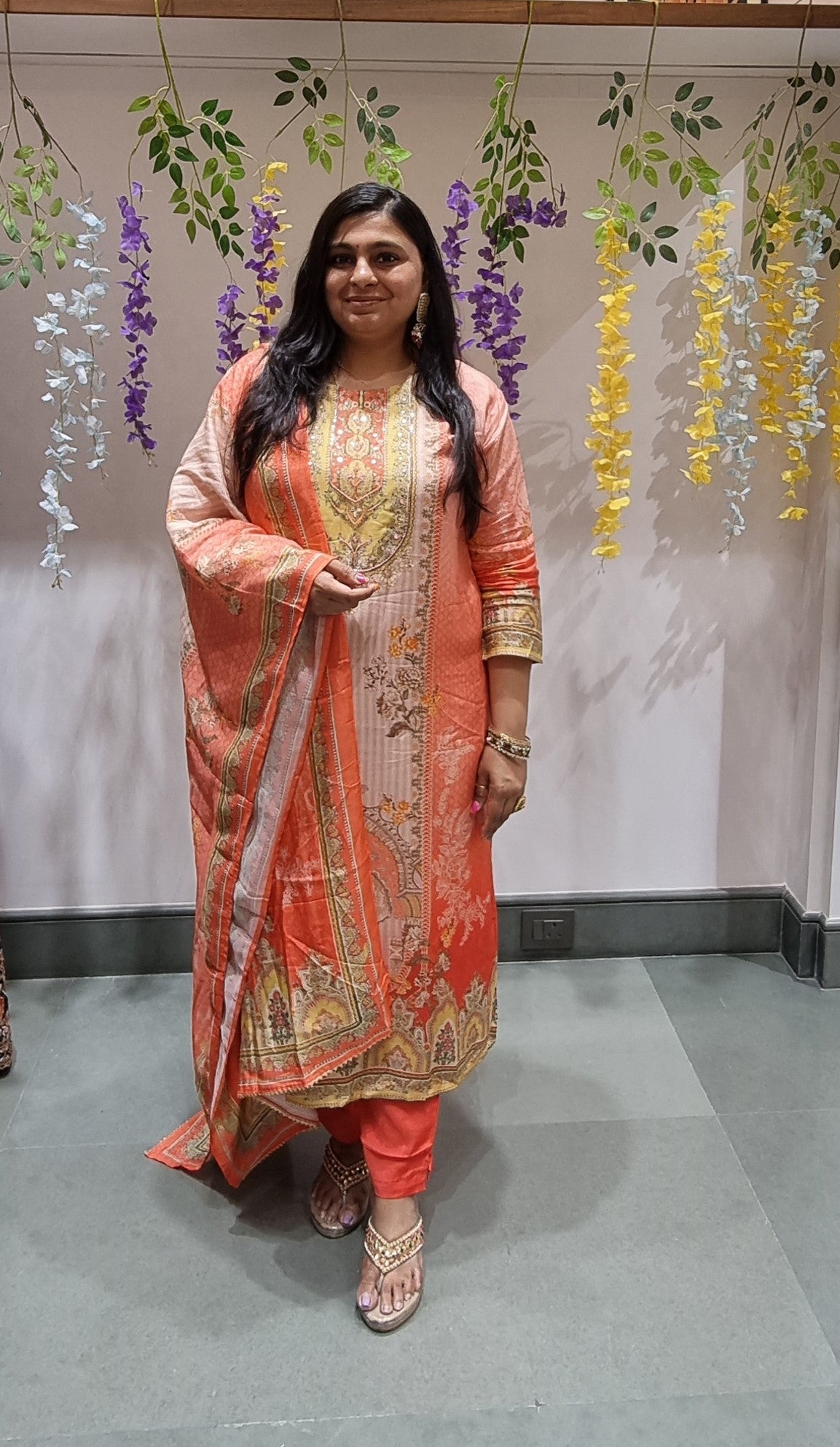 Peach & Coral Printed Punjabi Suit with Subtle Embroidery