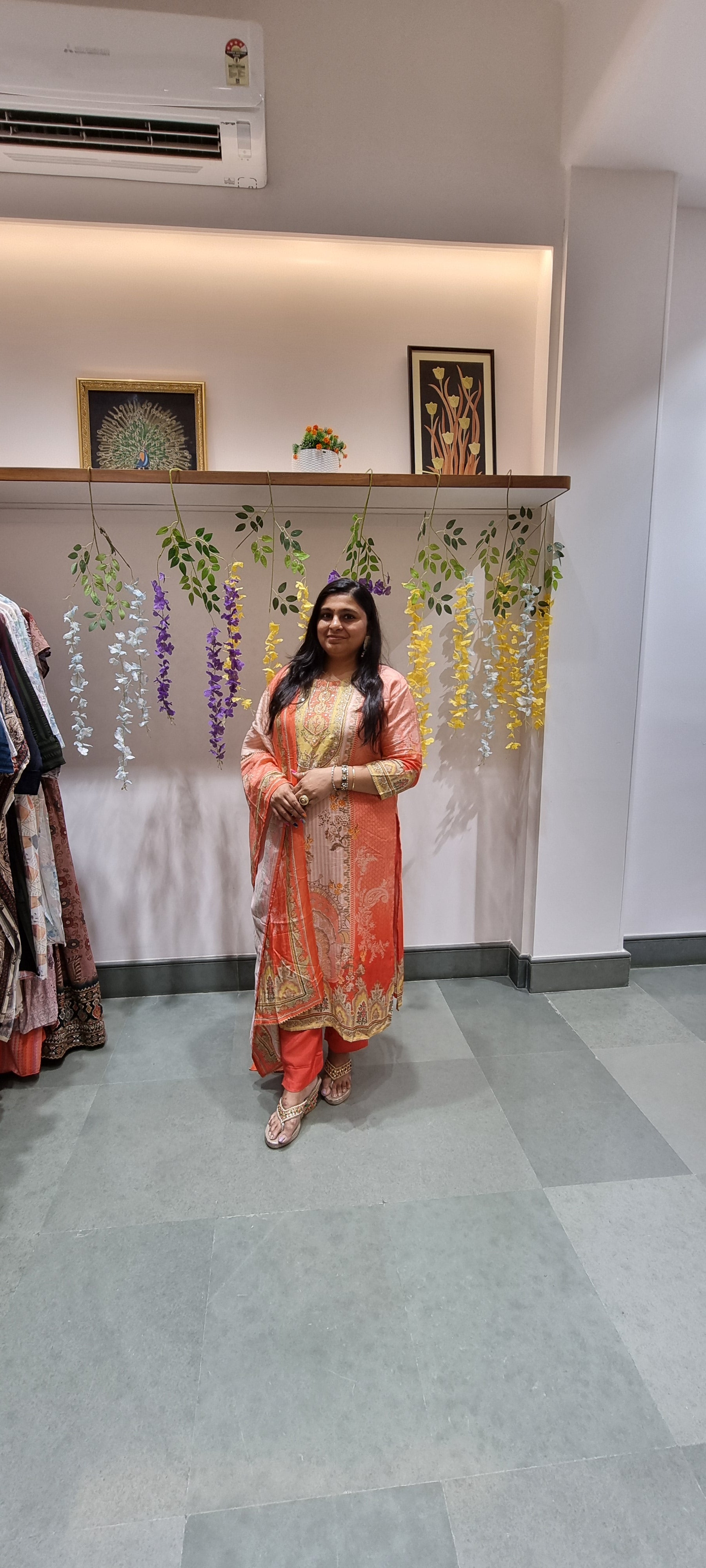 Peach & Coral Printed Punjabi Suit with Subtle Embroidery