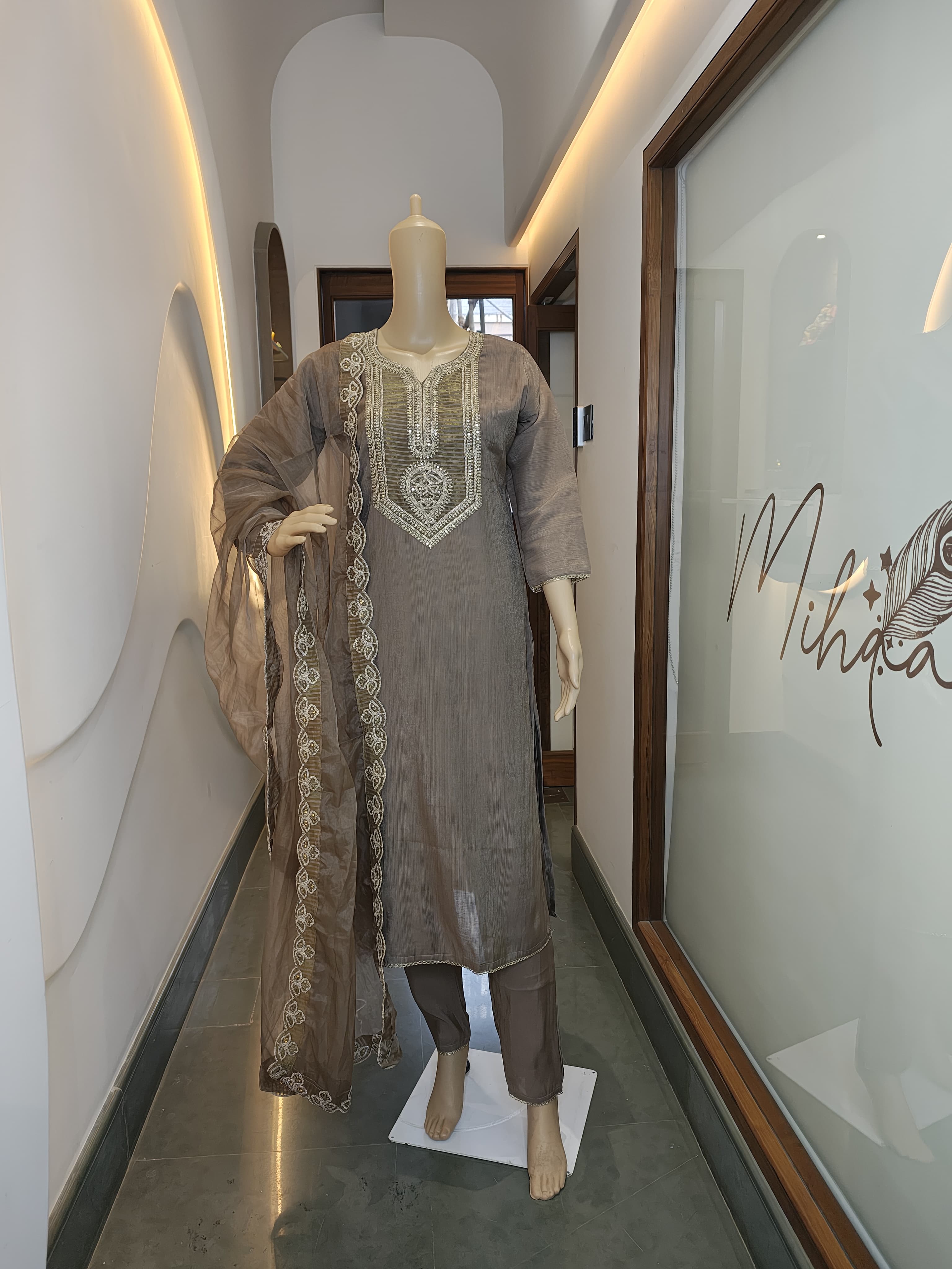 Mocha Brown Hand-Embroidered Punjabi Suit Set with Dupatta