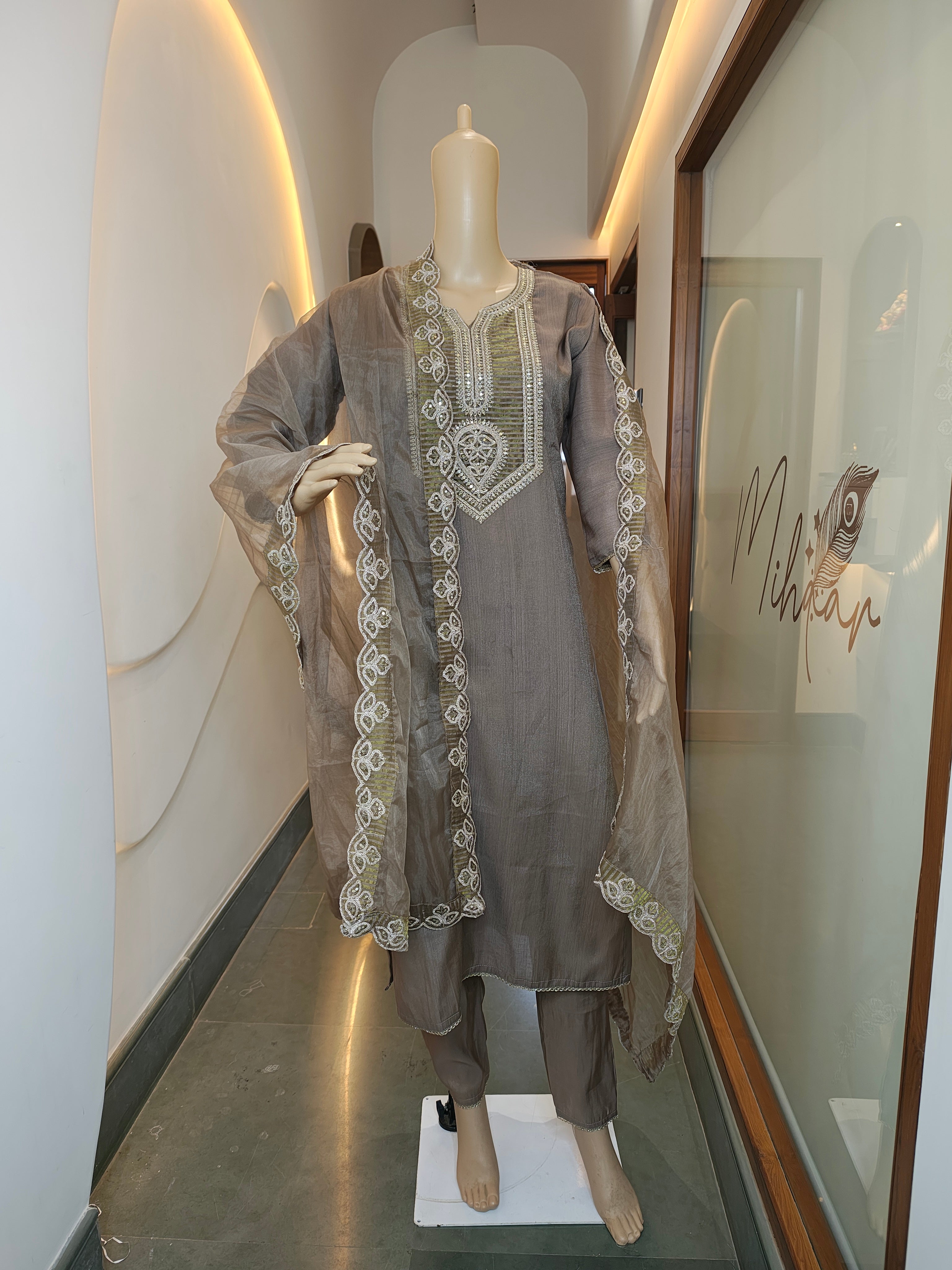 Mocha Brown Hand-Embroidered Punjabi Suit Set with Dupatta