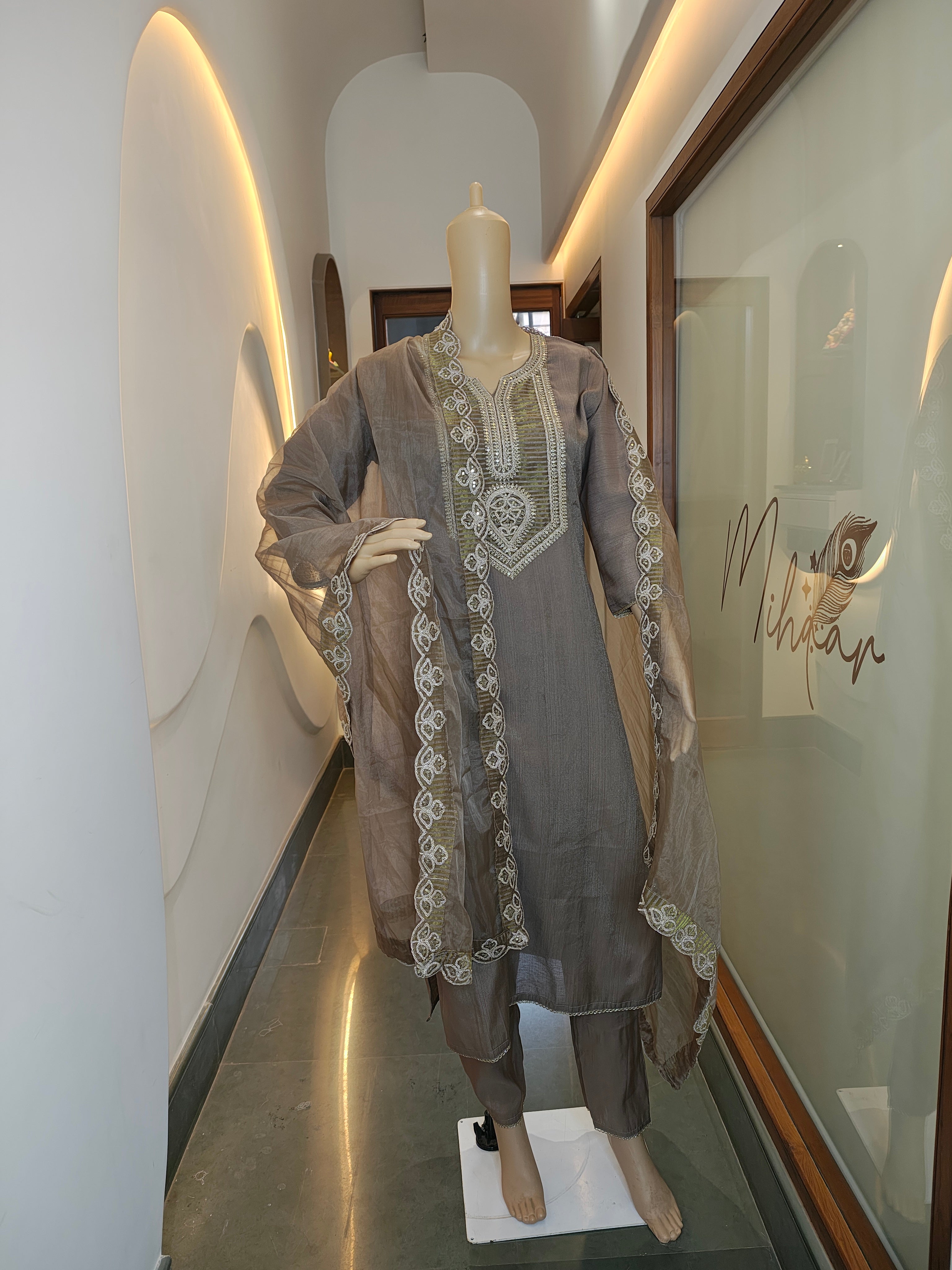 Mocha Brown Hand-Embroidered Punjabi Suit Set with Dupatta