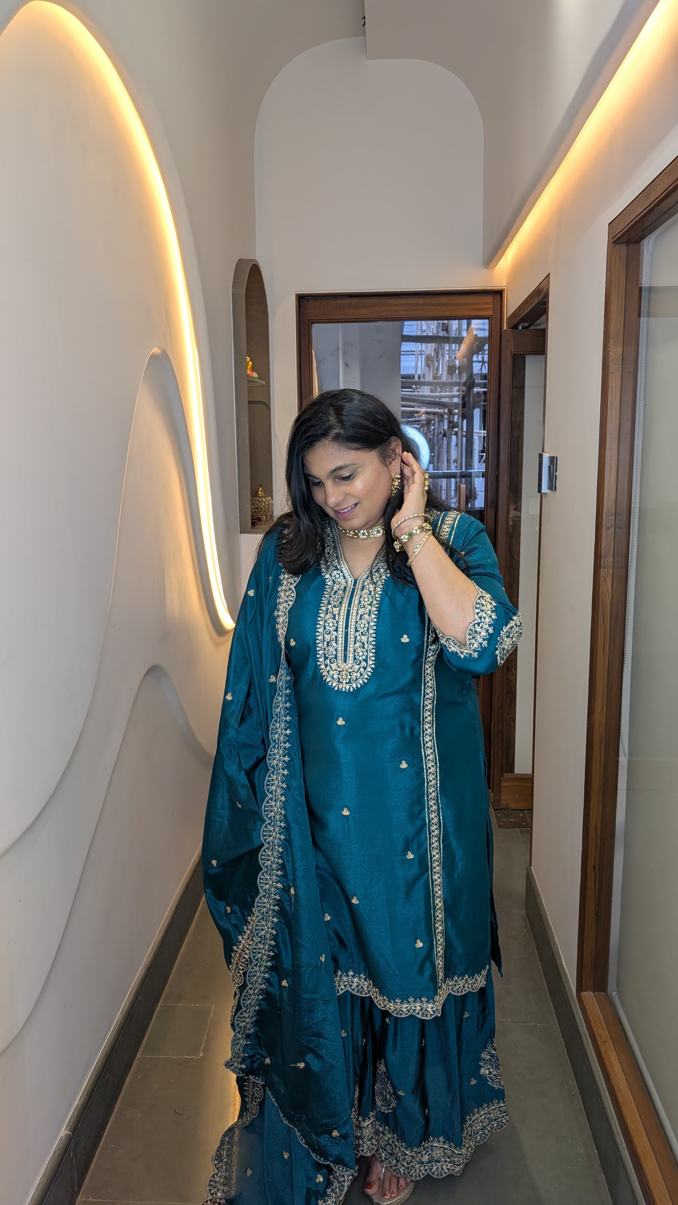 Teal Blue Embroidered Sharara Punjabi Suit Set