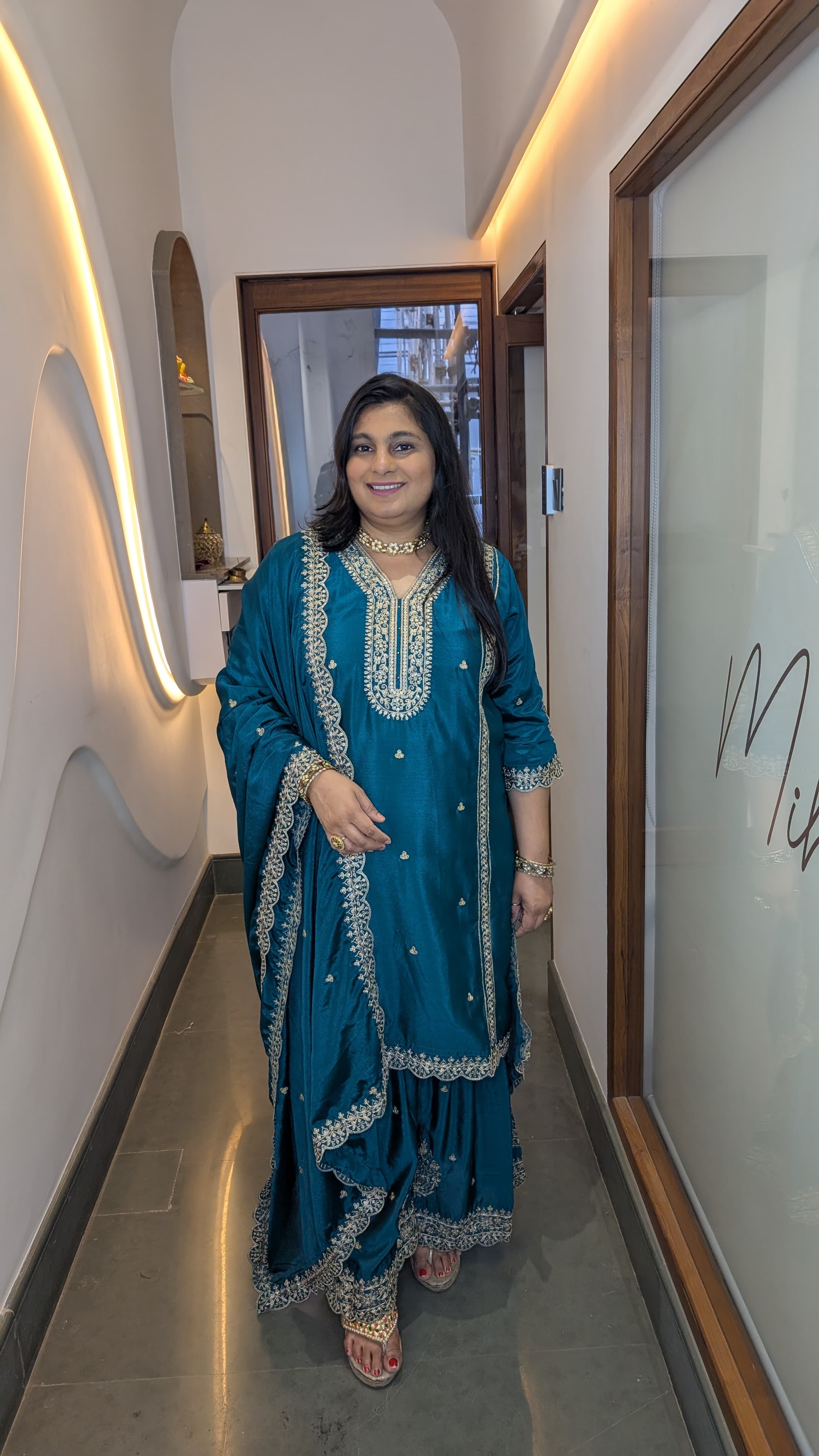 Teal Blue Embroidered Sharara Punjabi Suit Set