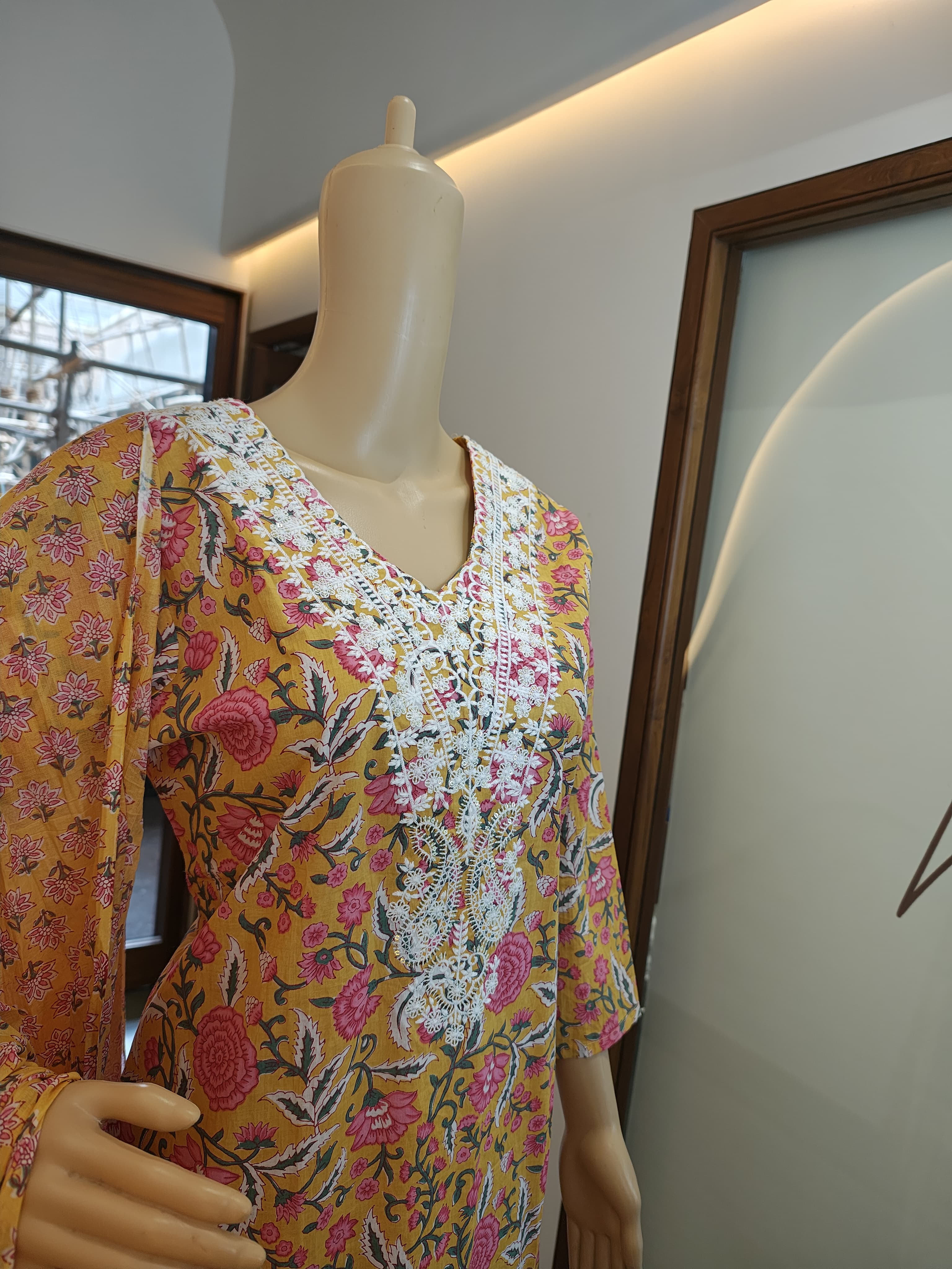 Floral Printed Mustard Punjabi Suit Set with White Thread Embroidery