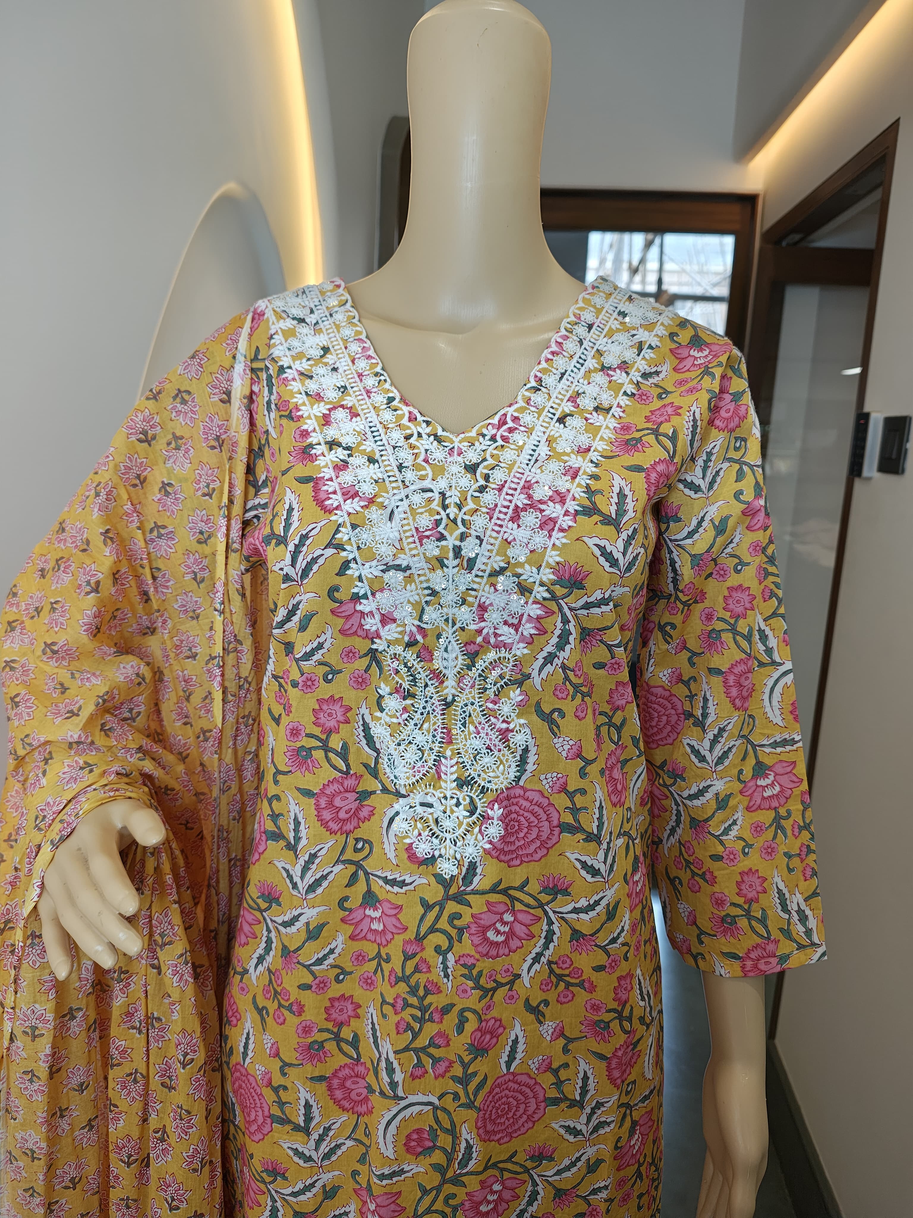 Floral Printed Mustard Punjabi Suit Set with White Thread Embroidery