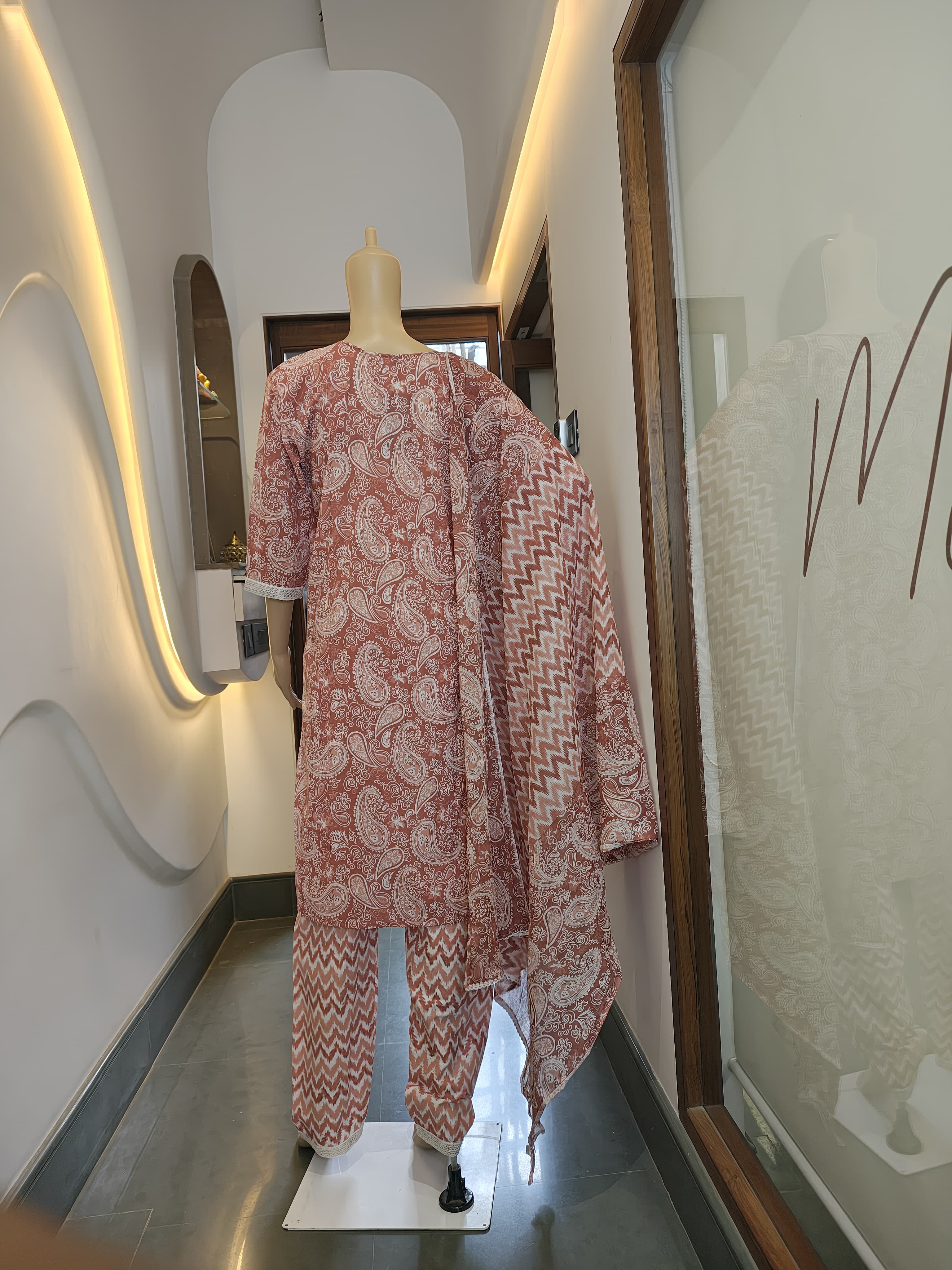 Rust Red Printed Cotton Punjabi Suit Set with Lace Detailing