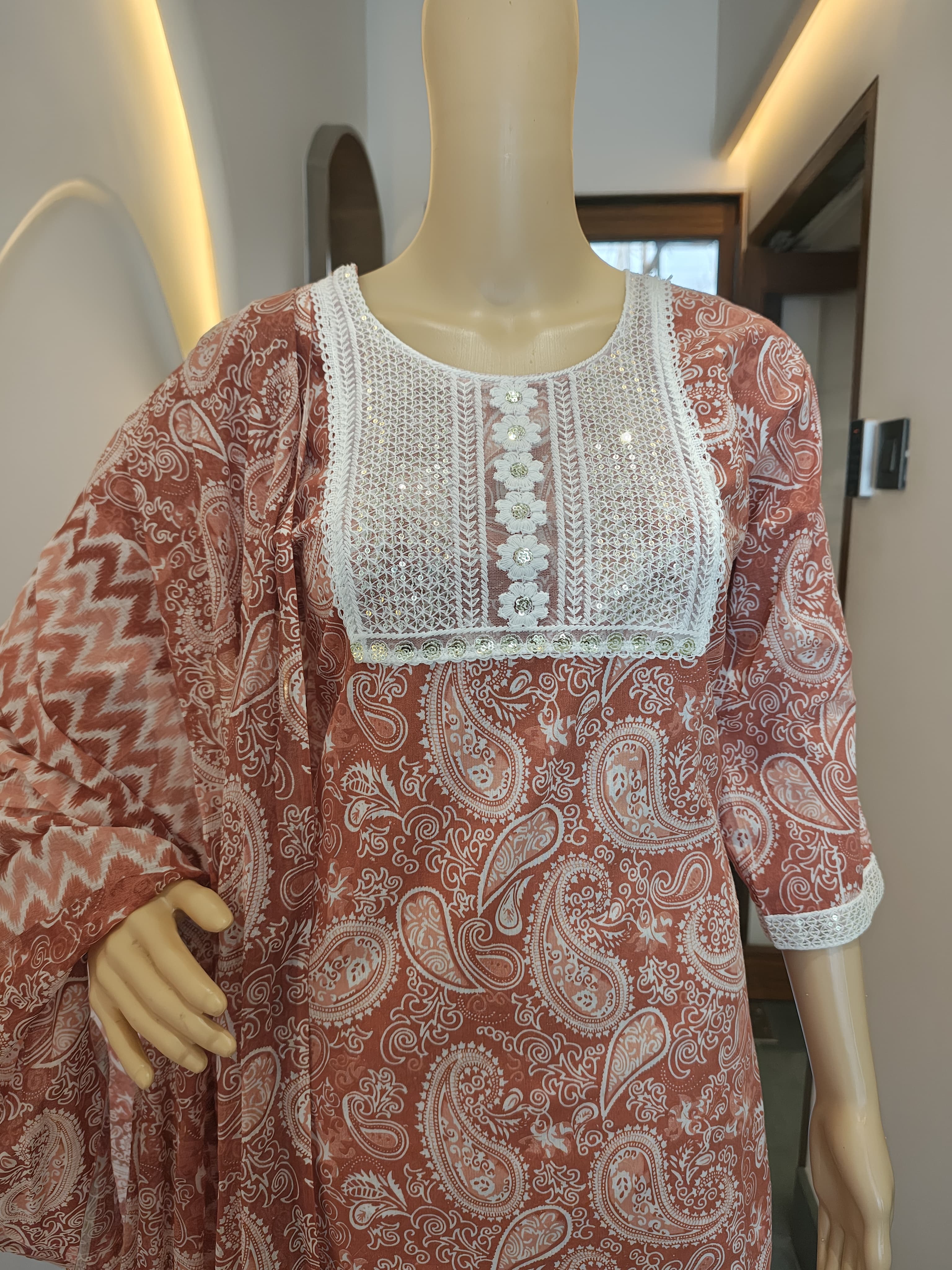 Rust Red Printed Cotton Punjabi Suit Set with Lace Detailing