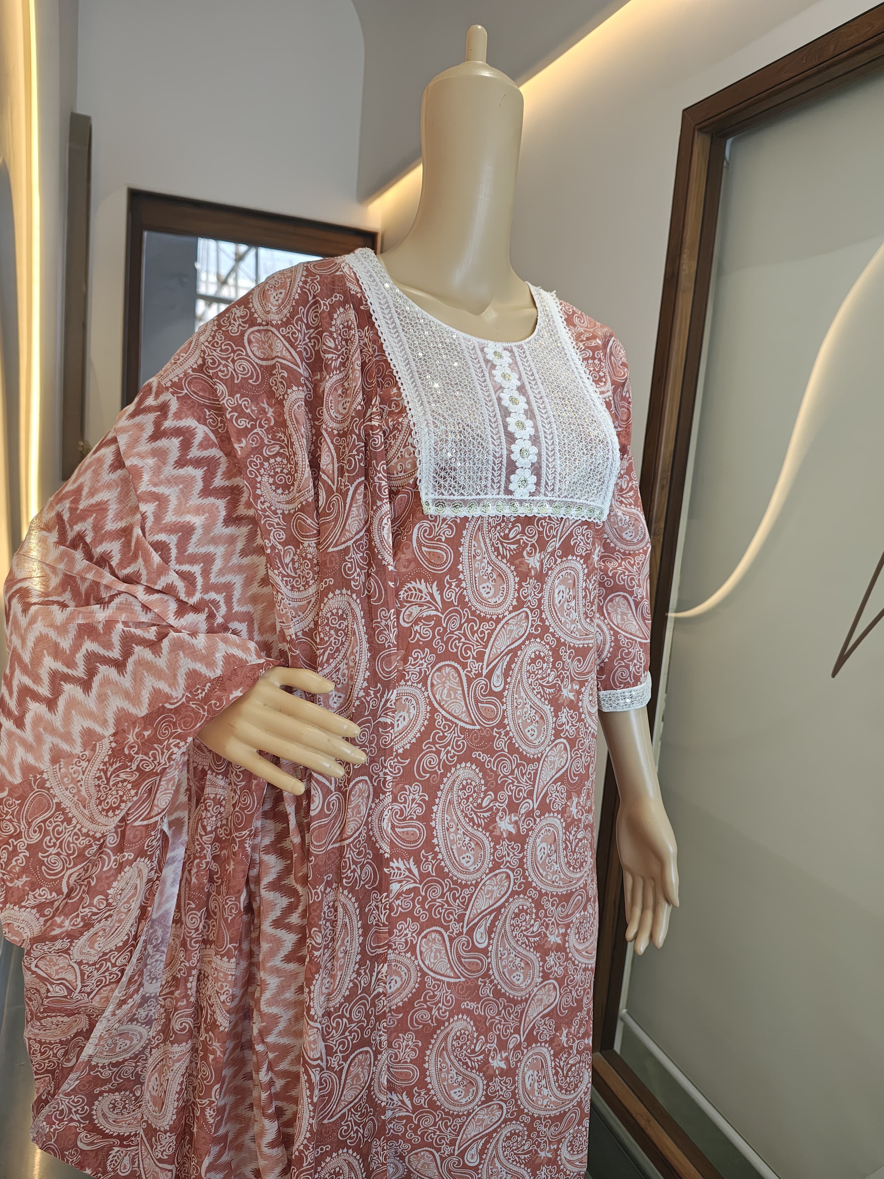 Rust Red Printed Cotton Punjabi Suit Set with Lace Detailing