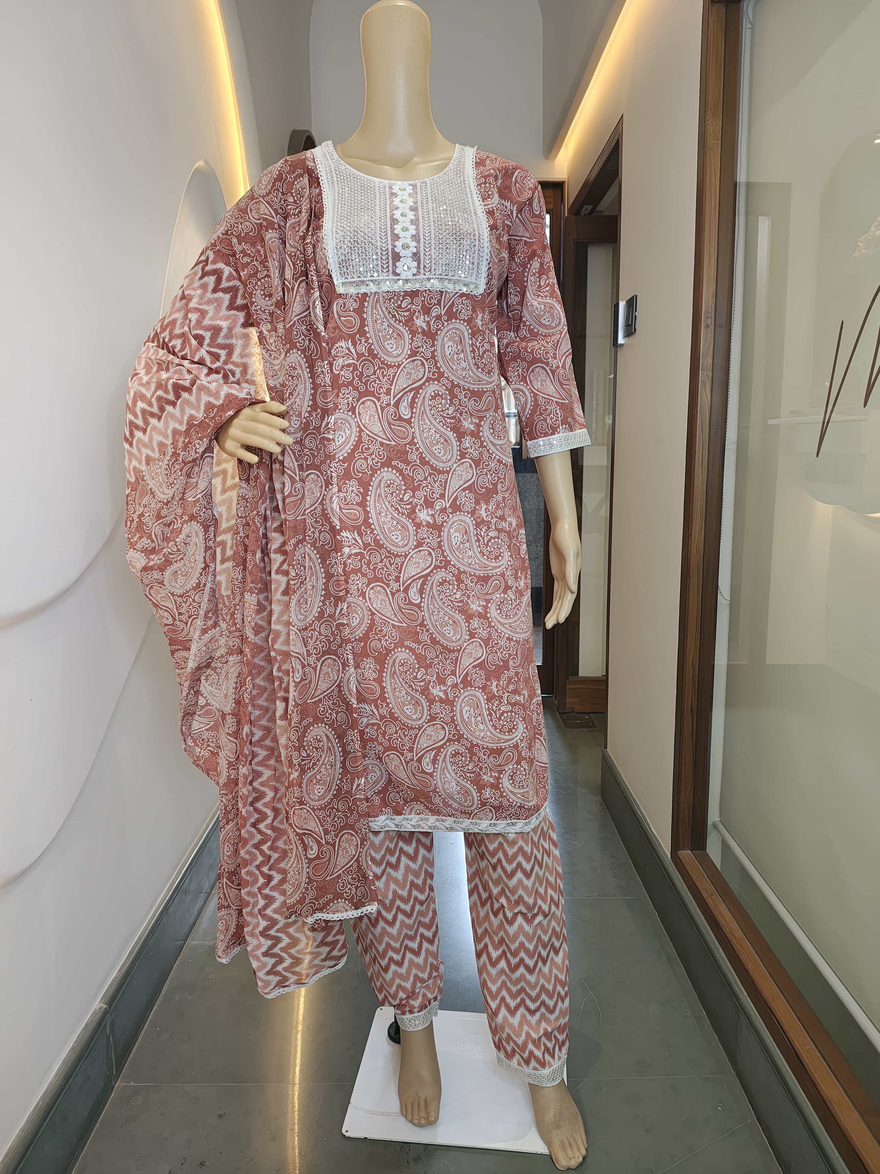 Rust Red Printed Cotton Punjabi Suit Set with Lace Detailing