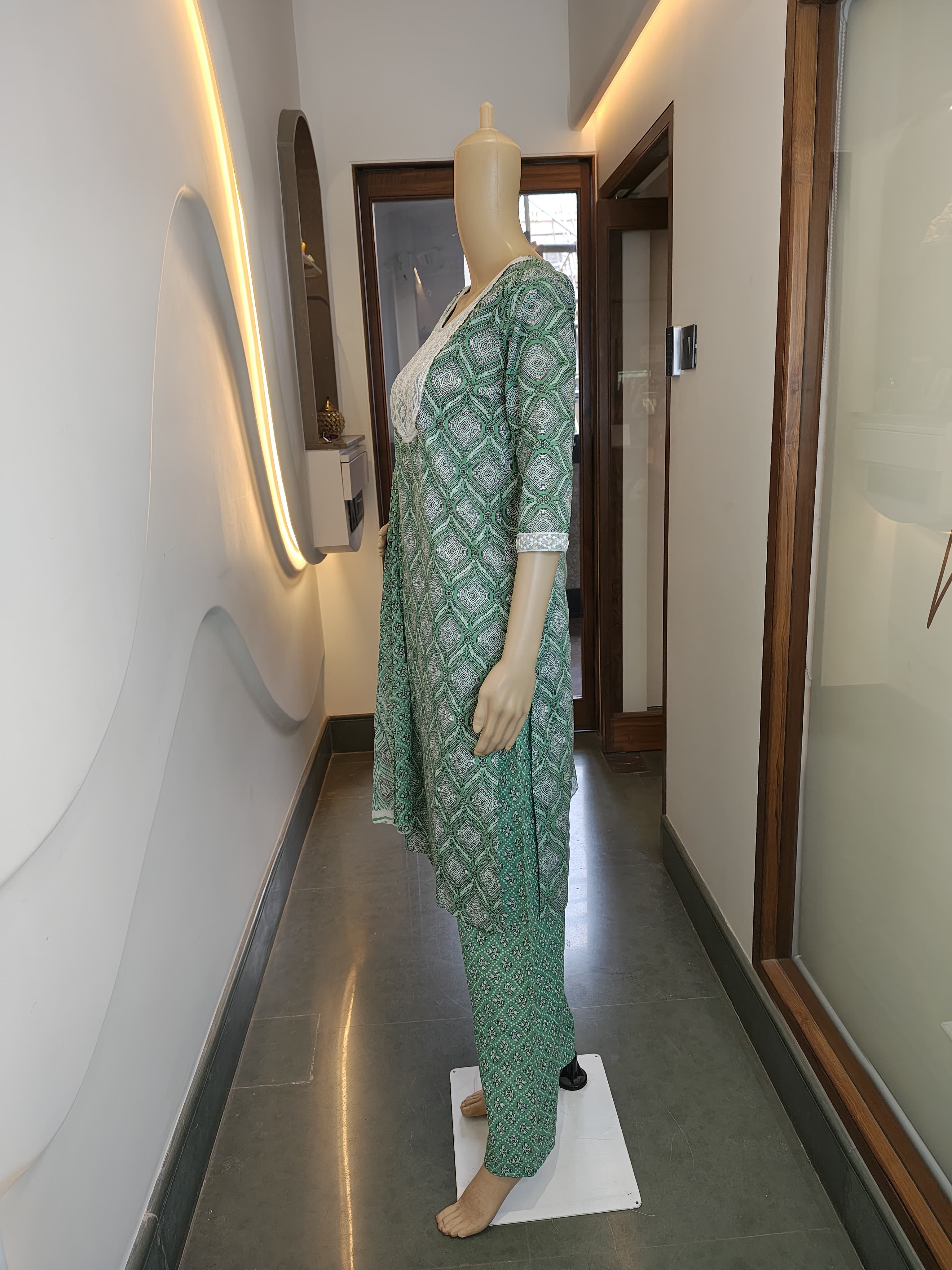 Bottle Green Floral Printed Cotton Punjabi Suit with Lace Neckline