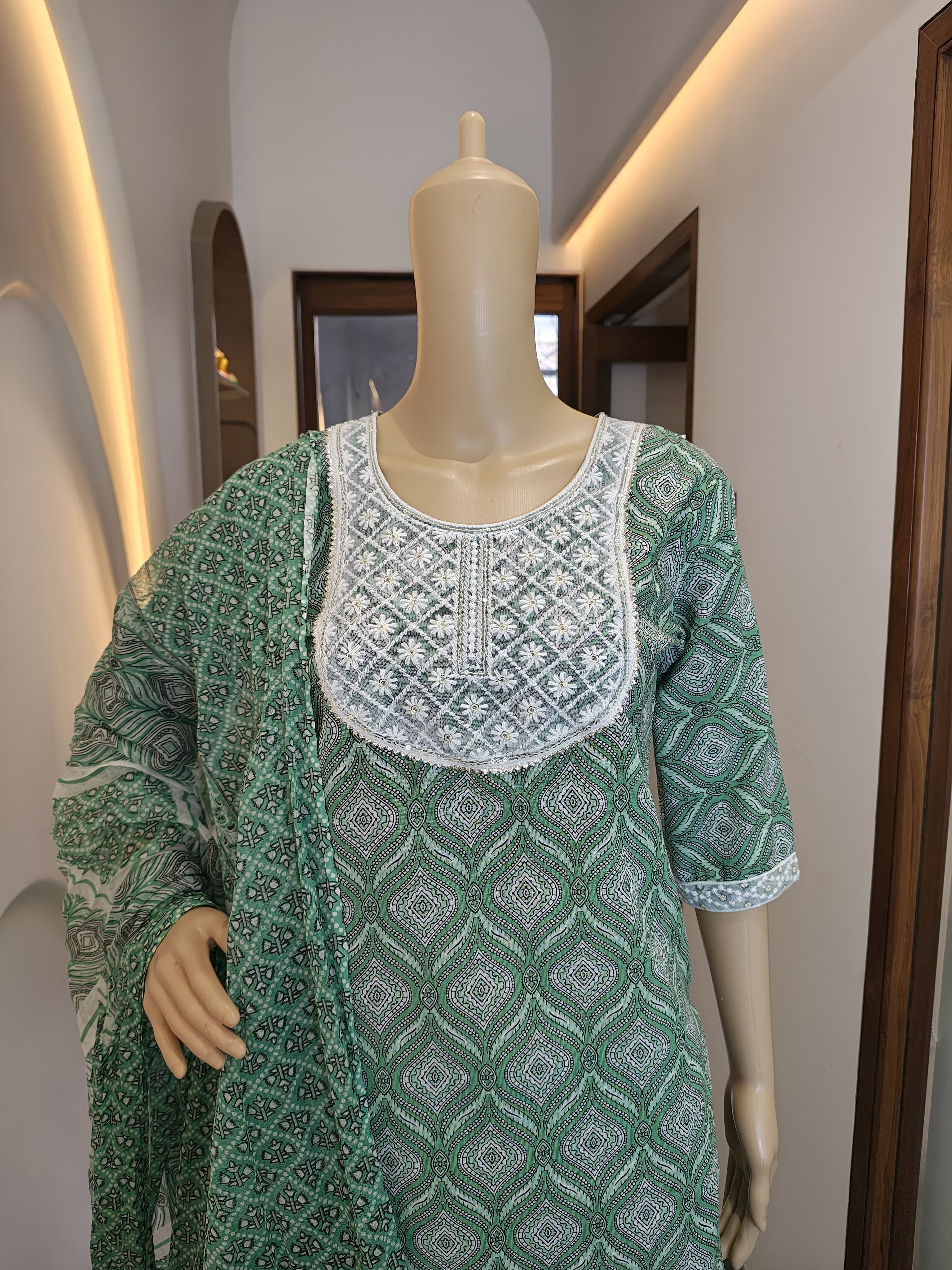 Bottle Green Floral Printed Cotton Punjabi Suit with Lace Neckline