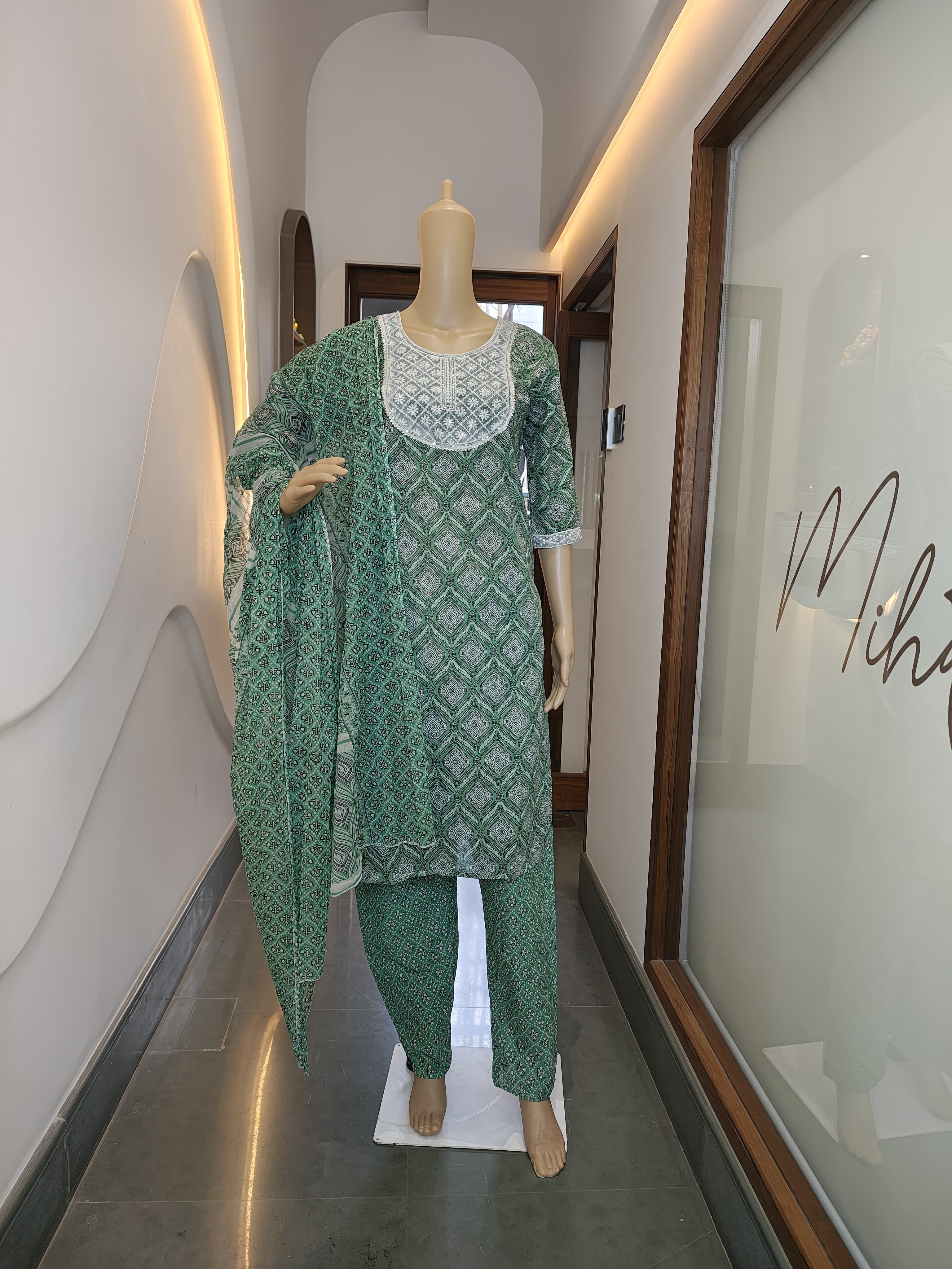 Bottle Green Floral Printed Cotton Punjabi Suit with Lace Neckline