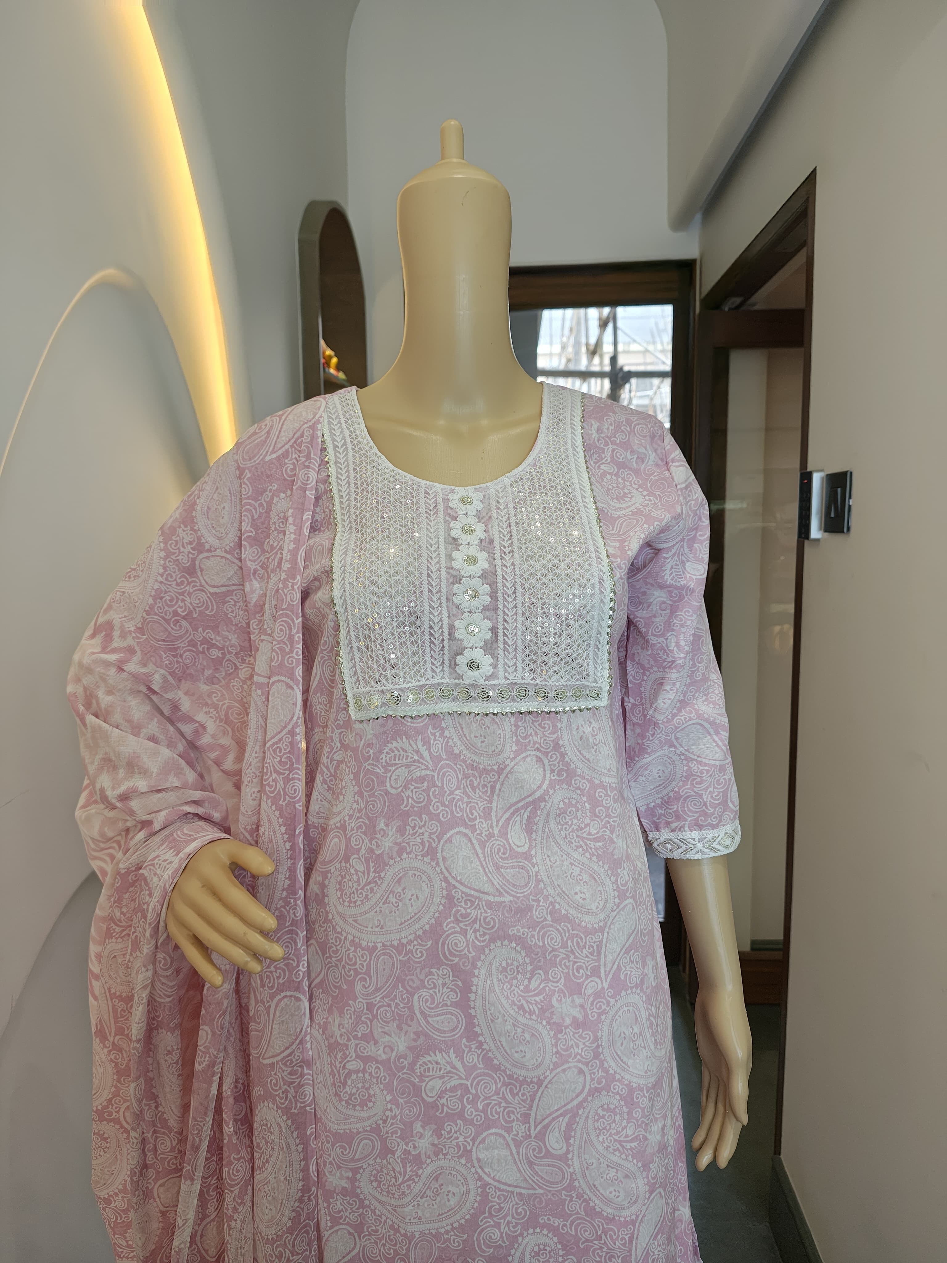 Soft Rose Printed Cotton Suit Set with Lace Detailing (3-Piece)