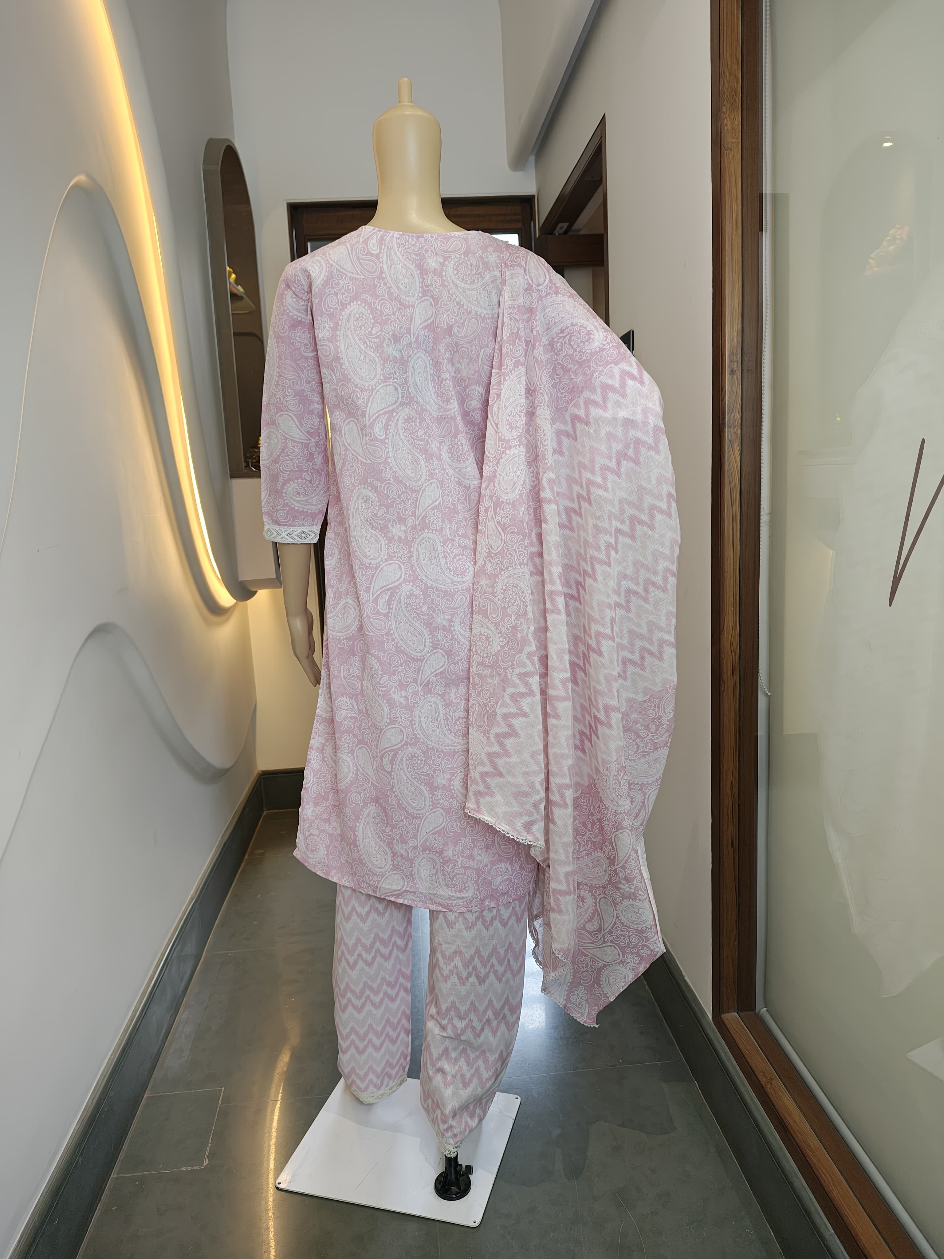 Soft Rose Printed Cotton Suit Set with Lace Detailing (3-Piece)