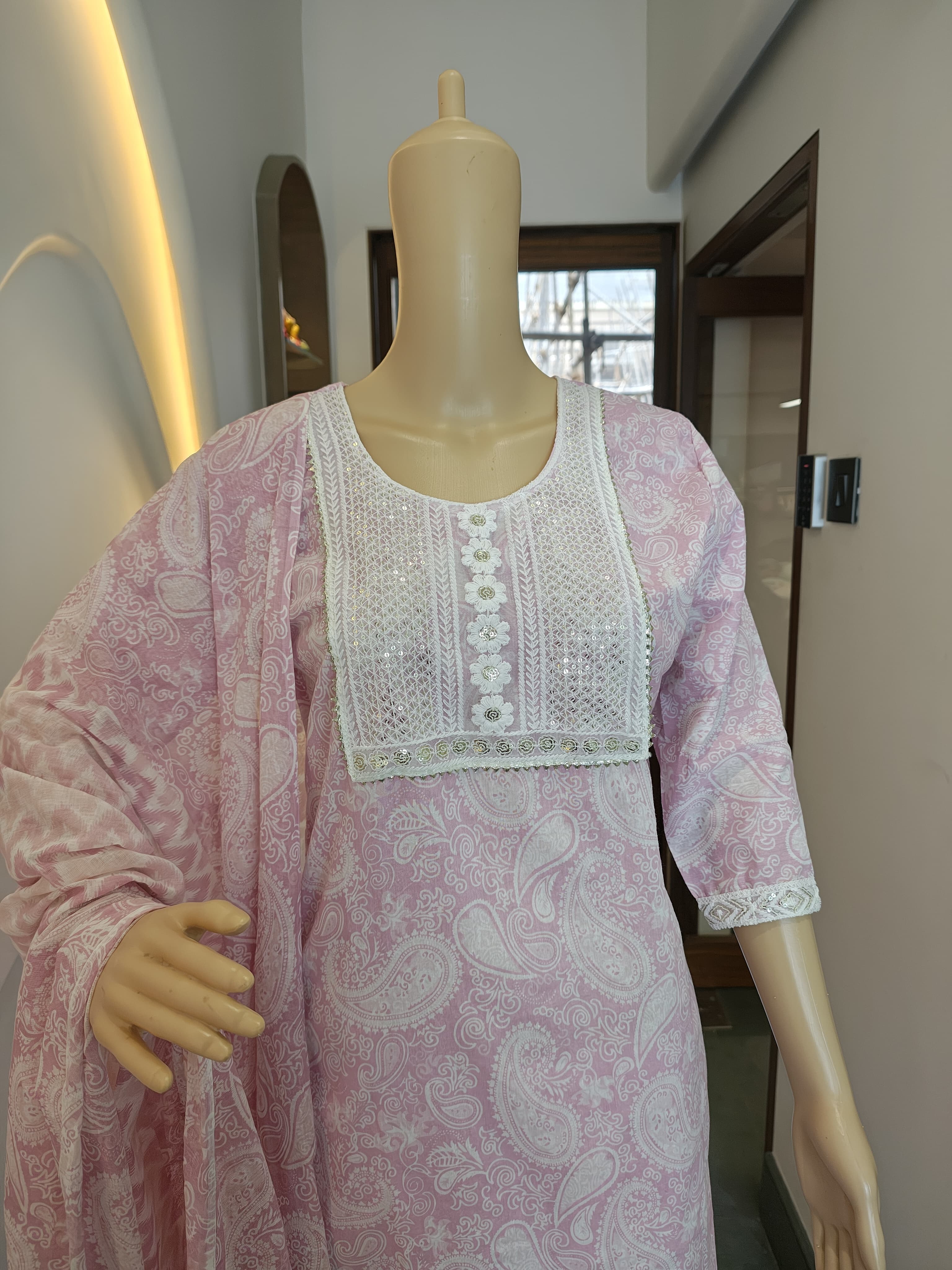Soft Rose Printed Cotton Suit Set with Lace Detailing (3-Piece)