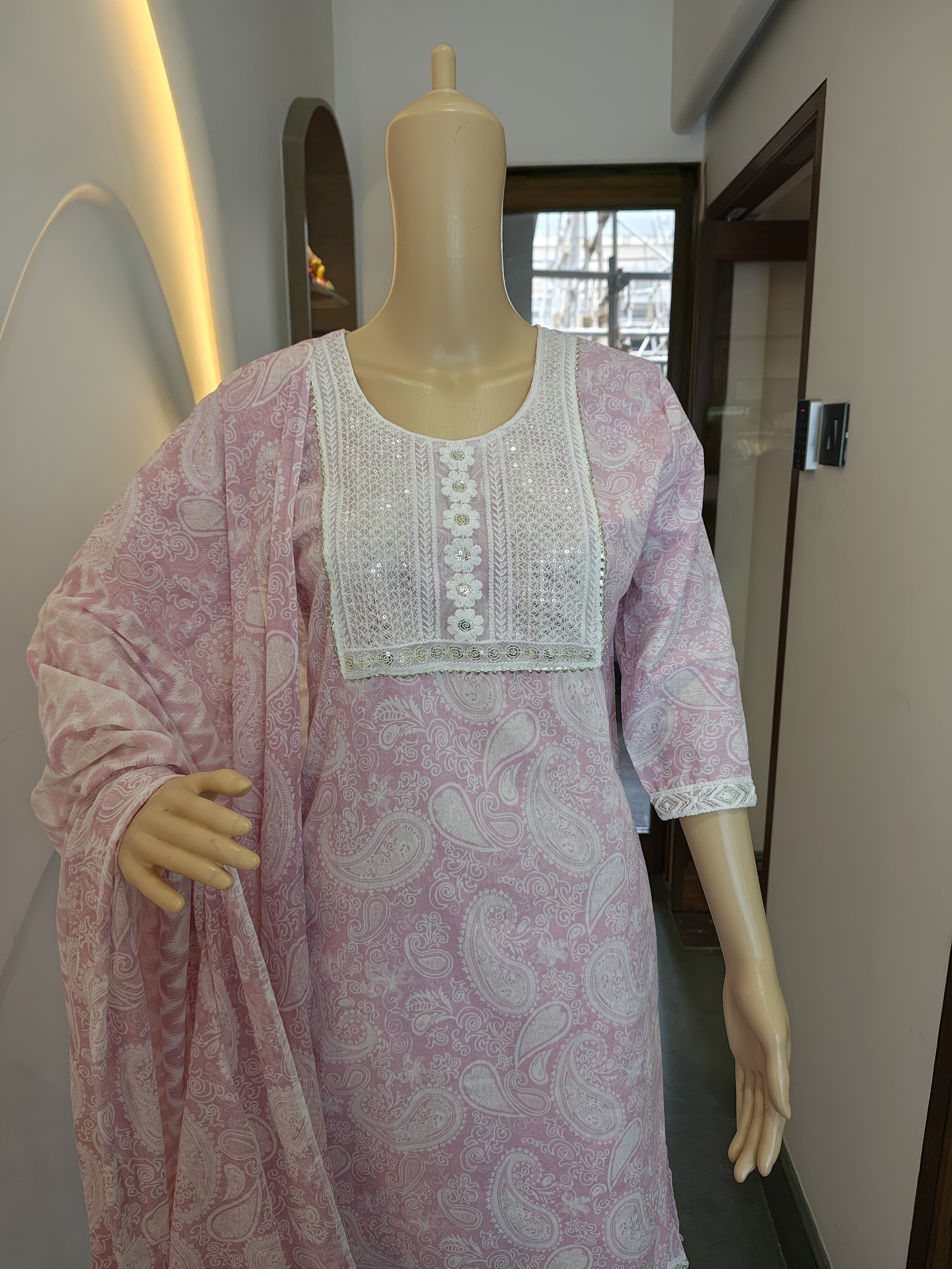 Soft Rose Printed Cotton Suit Set with Lace Detailing (3-Piece)