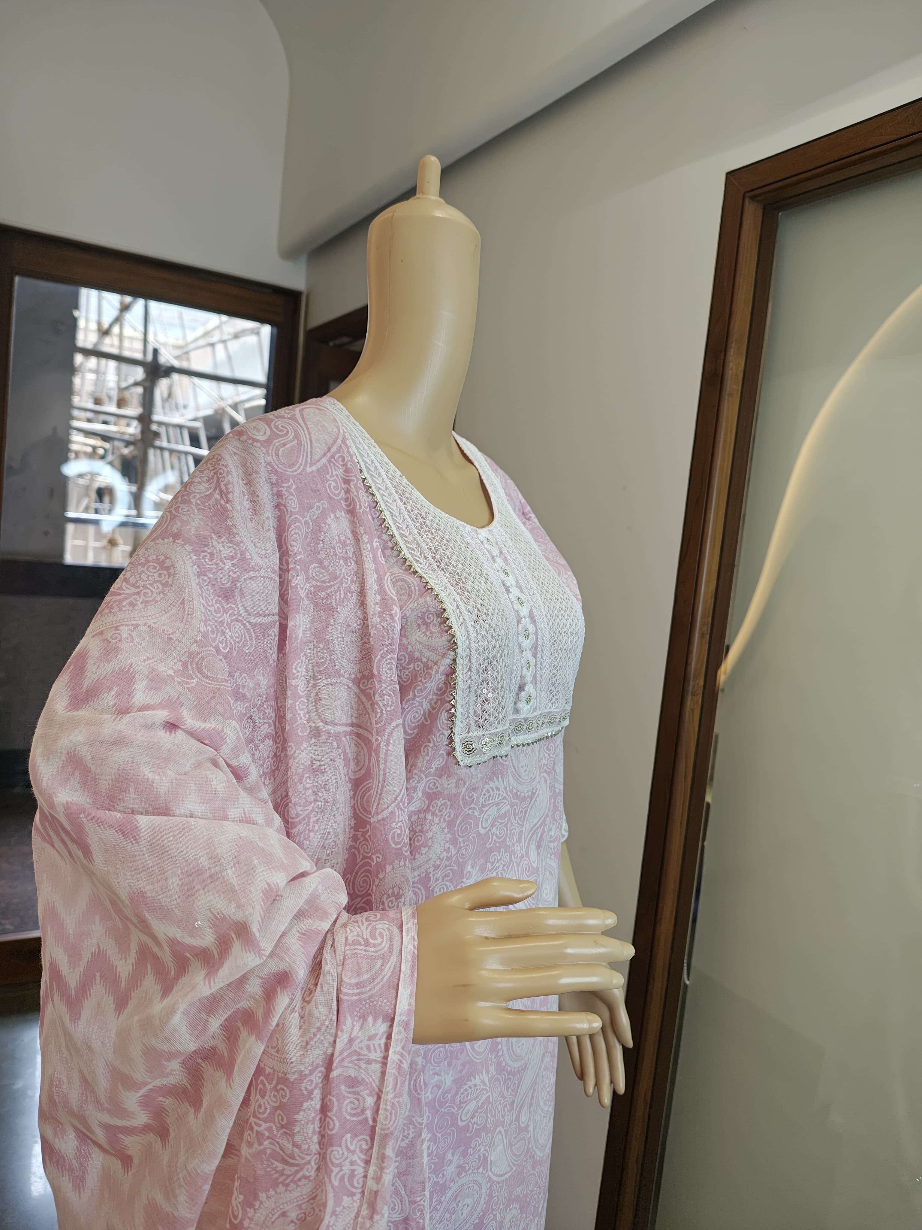 Soft Rose Printed Cotton Suit Set with Lace Detailing (3-Piece)